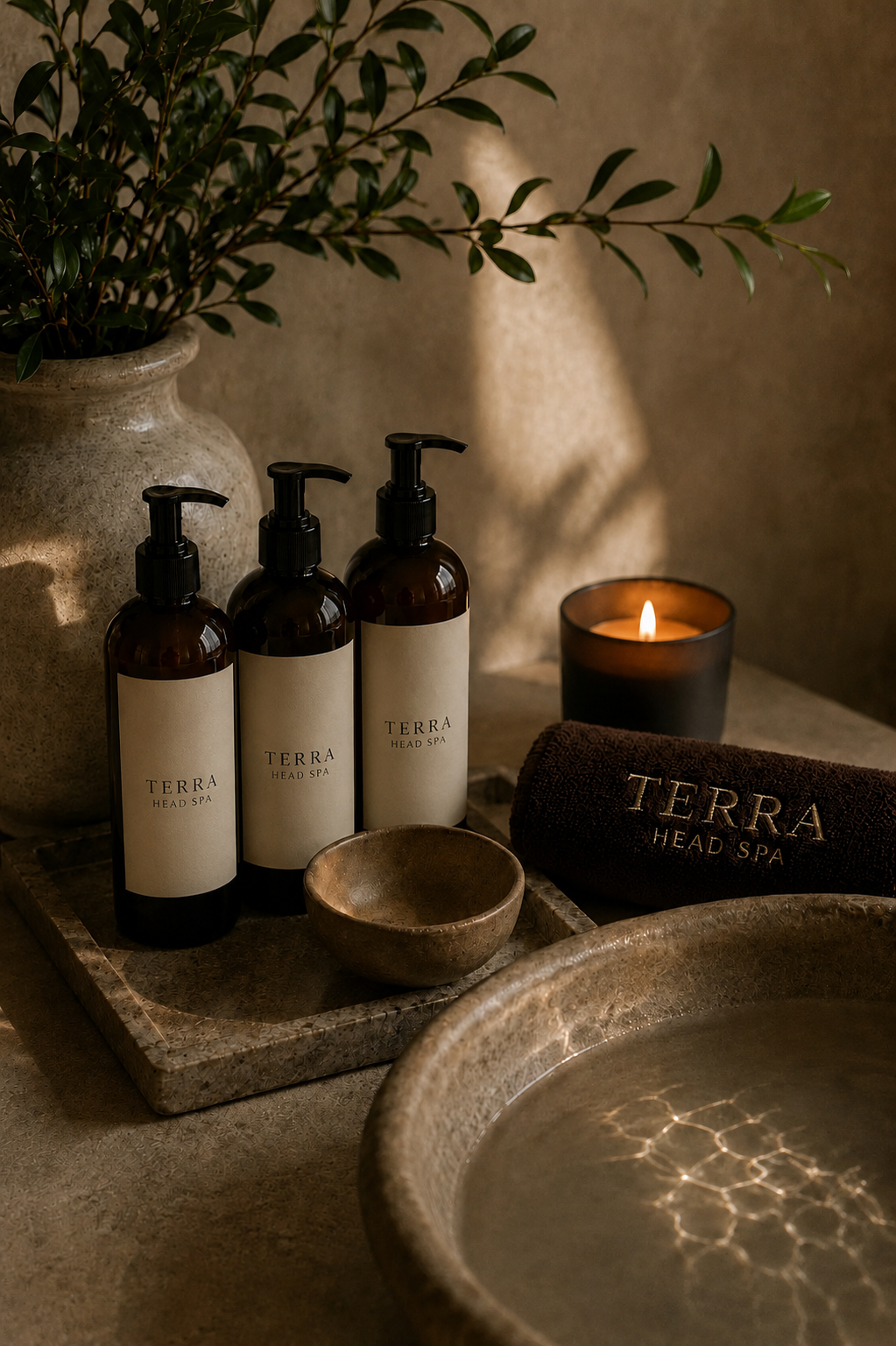 Spa setting with three brown bottles labeled 'Terra Head Spa', a lit candle in a black holder, a rolled towel embroidered with 'Terra Head Spa', a small ceramic bowl, a textured ceramic basin, a large vase with green foliage, and soft lighting creating a relaxing ambiance.