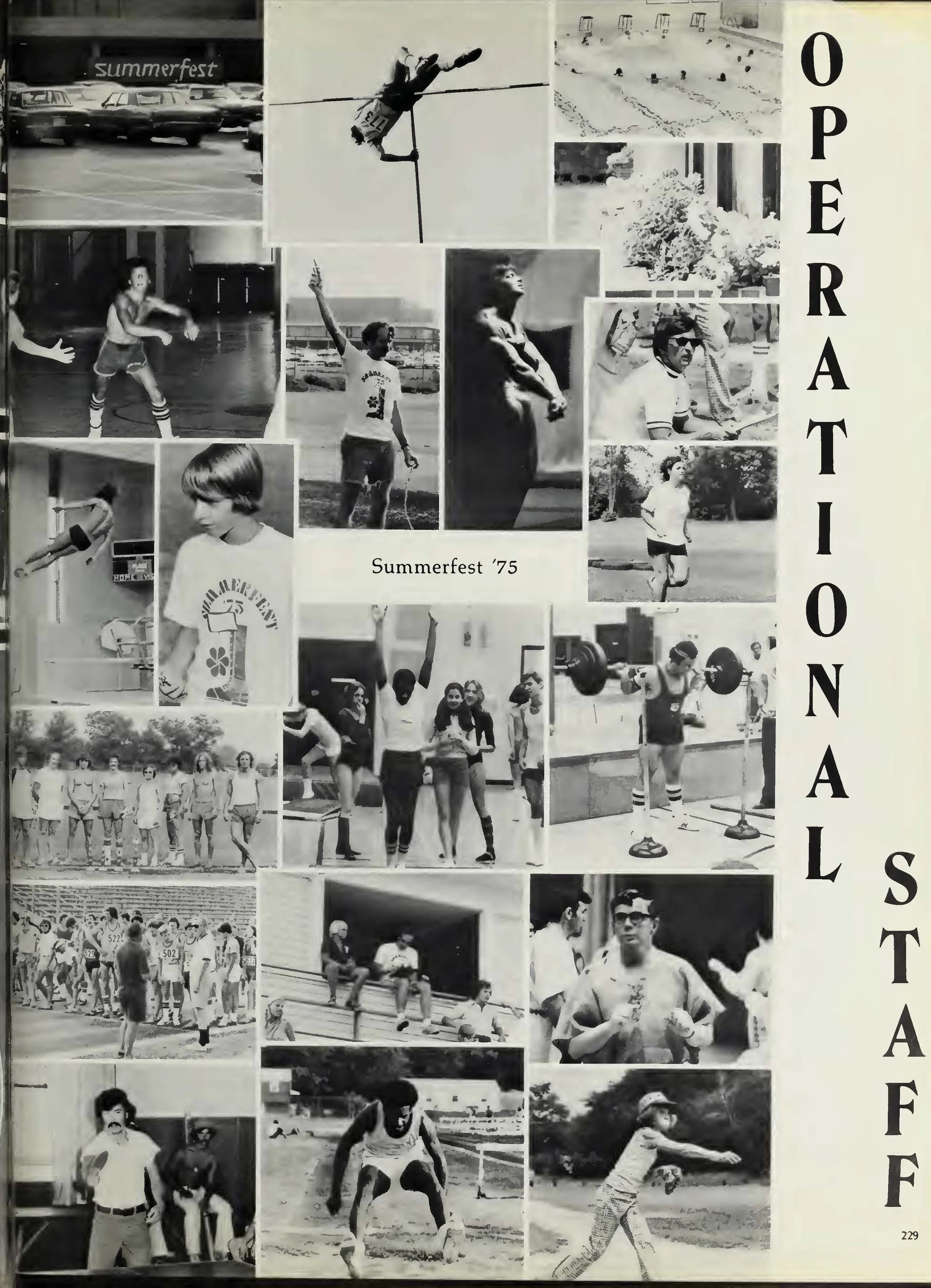A collage of black and white photographs from a summer sports event in 1975, featuring young athletes and various activities such as running, jumping, weightlifting, and tennis, with the words 'Summerfest '75' and 'Opportunities' written vertically and horizontally.