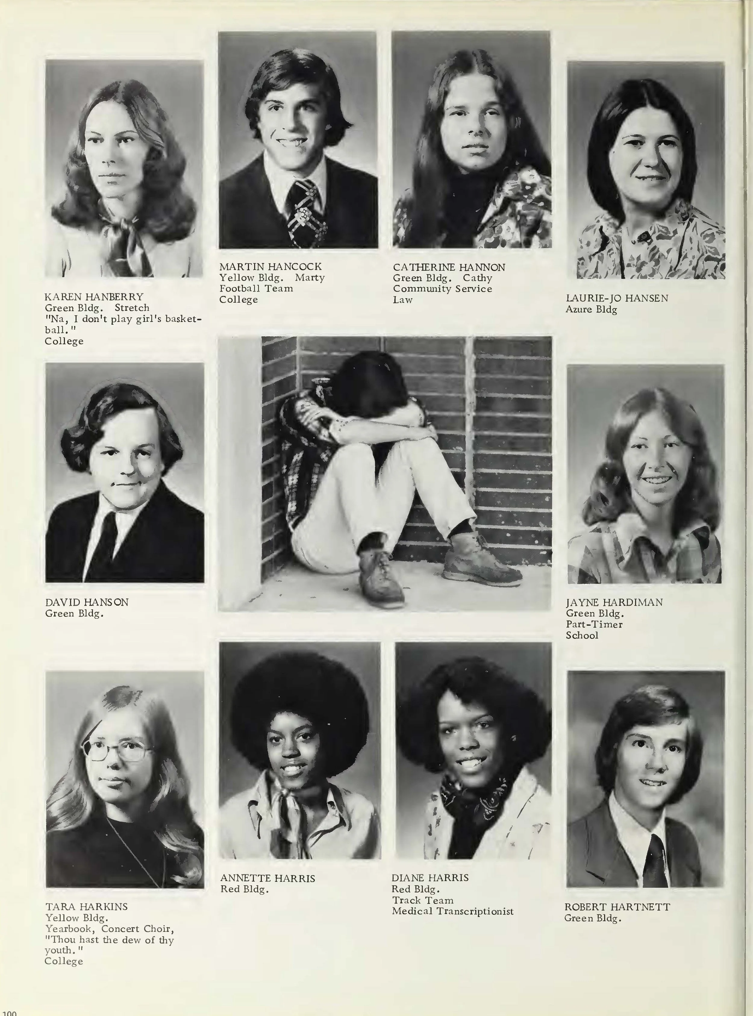 Black and white photographs of young women and one girl, with their names and brief descriptions underneath. The women are from various colleges and include students involved in activities like football, community service, music, and school.