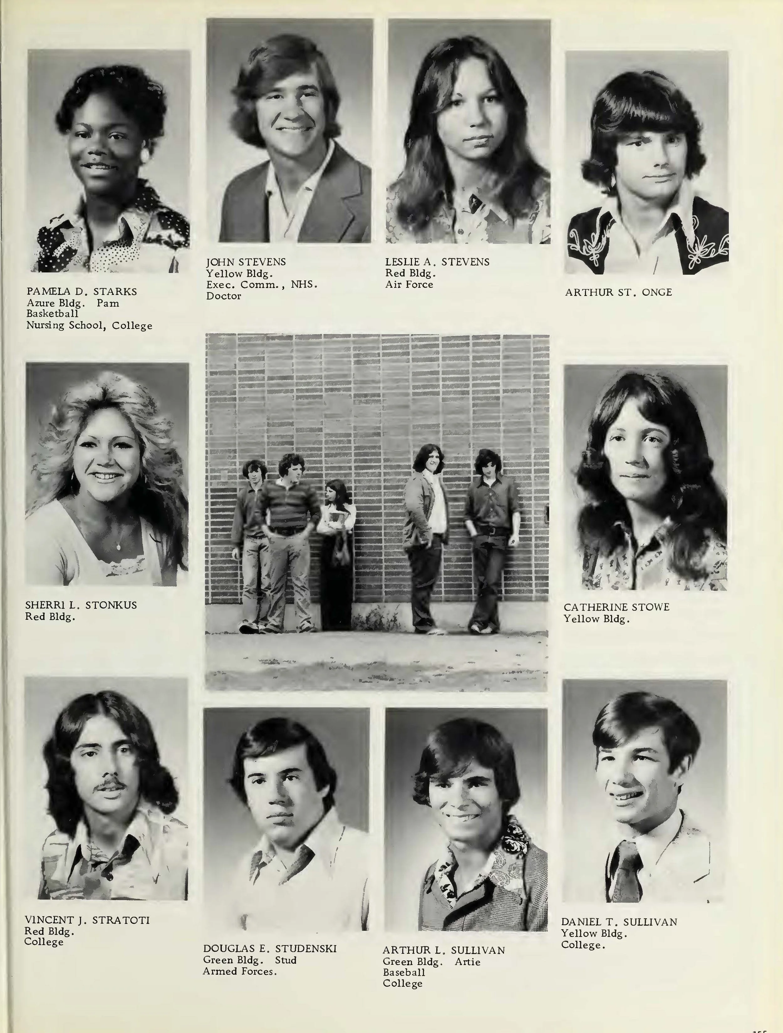 Black and white yearbook photo collage of college students with their names, buildings, and majors listed underneath each portrait.