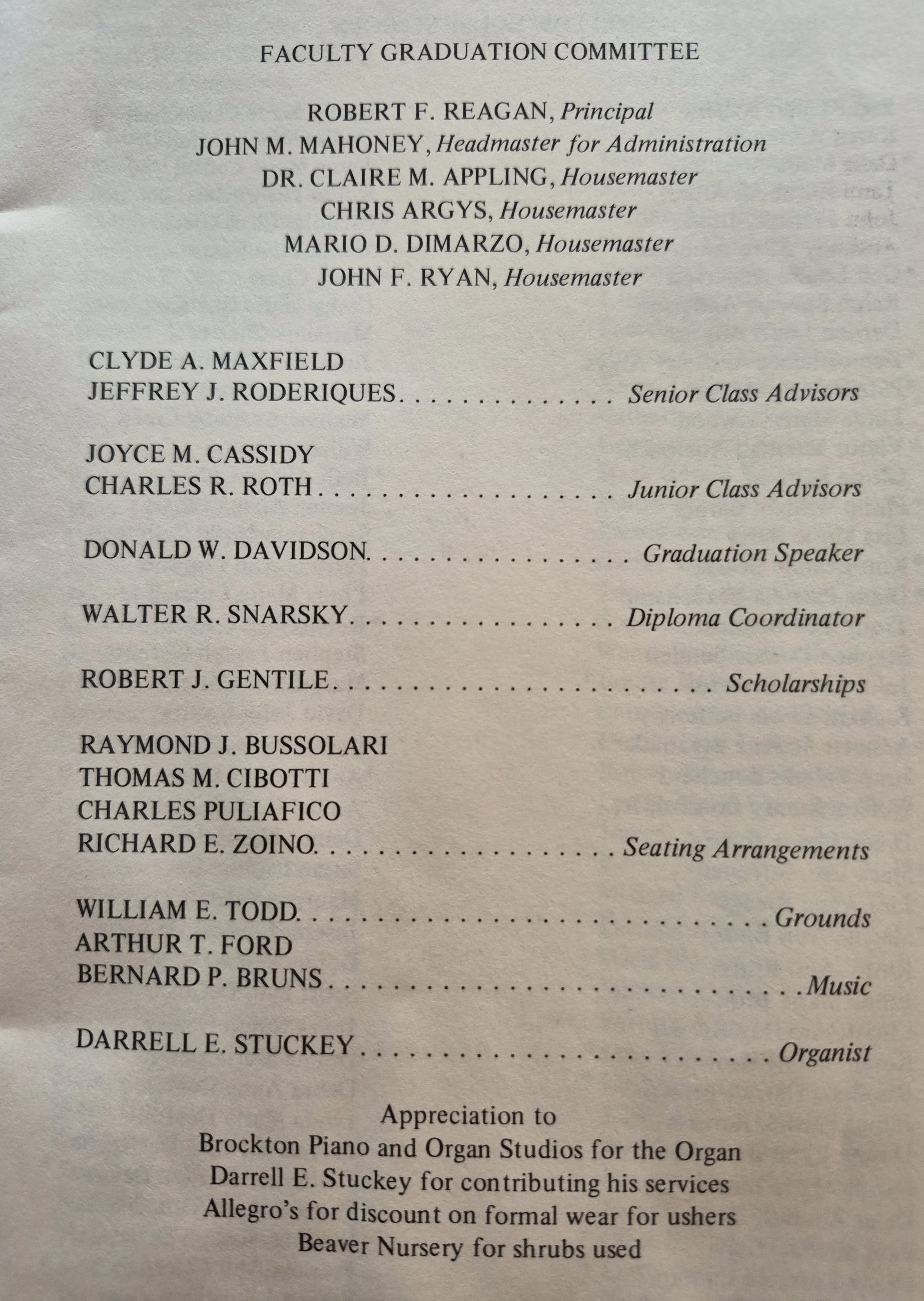 Page from a graduation program listing faculty and advisors, including names, titles, and roles, such as principal, housemasters, and advisors.