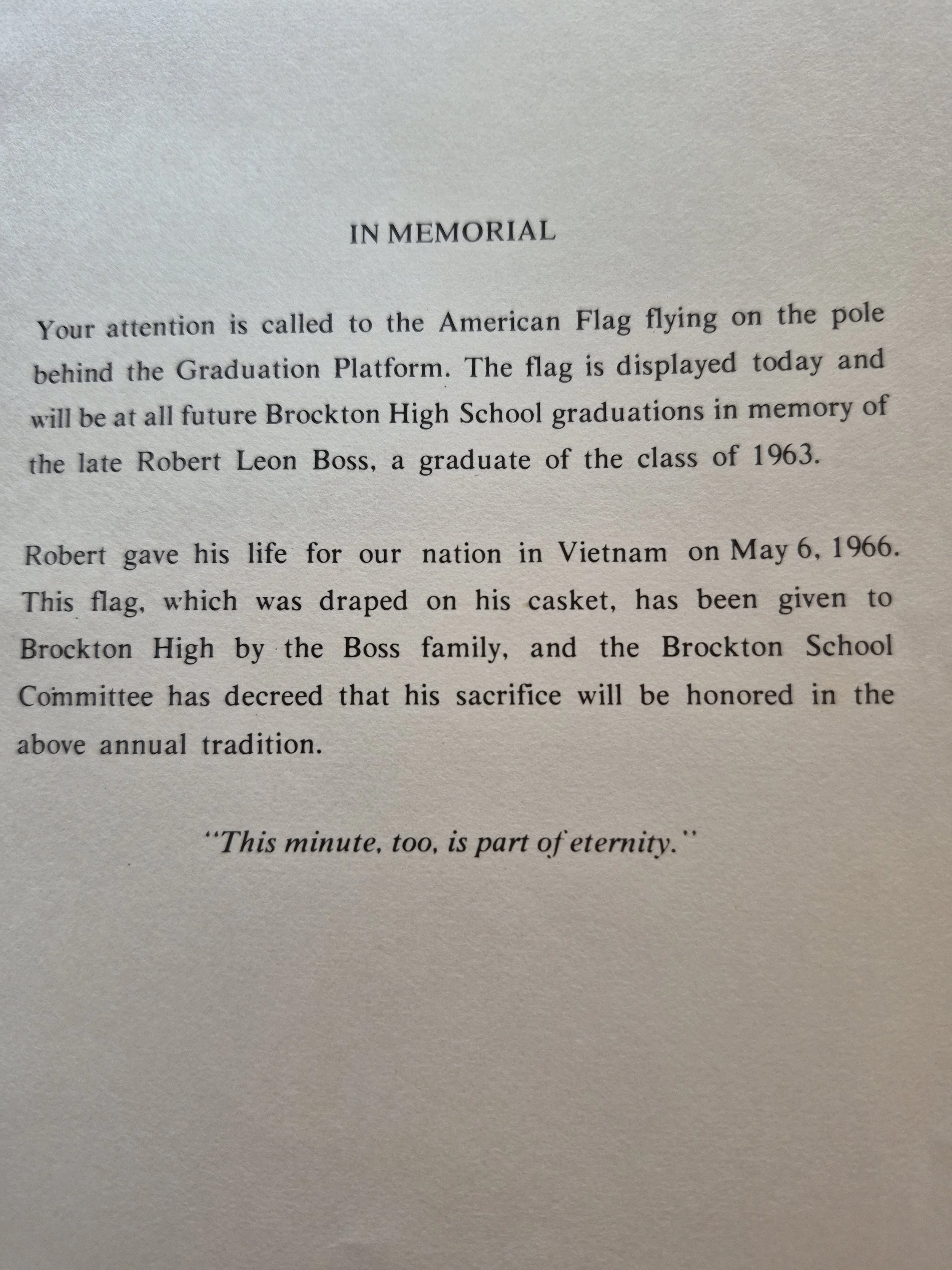 Text about a memorial for Robert Leon Boss, a Vietnam War fallen soldier, with a quote at the bottom.