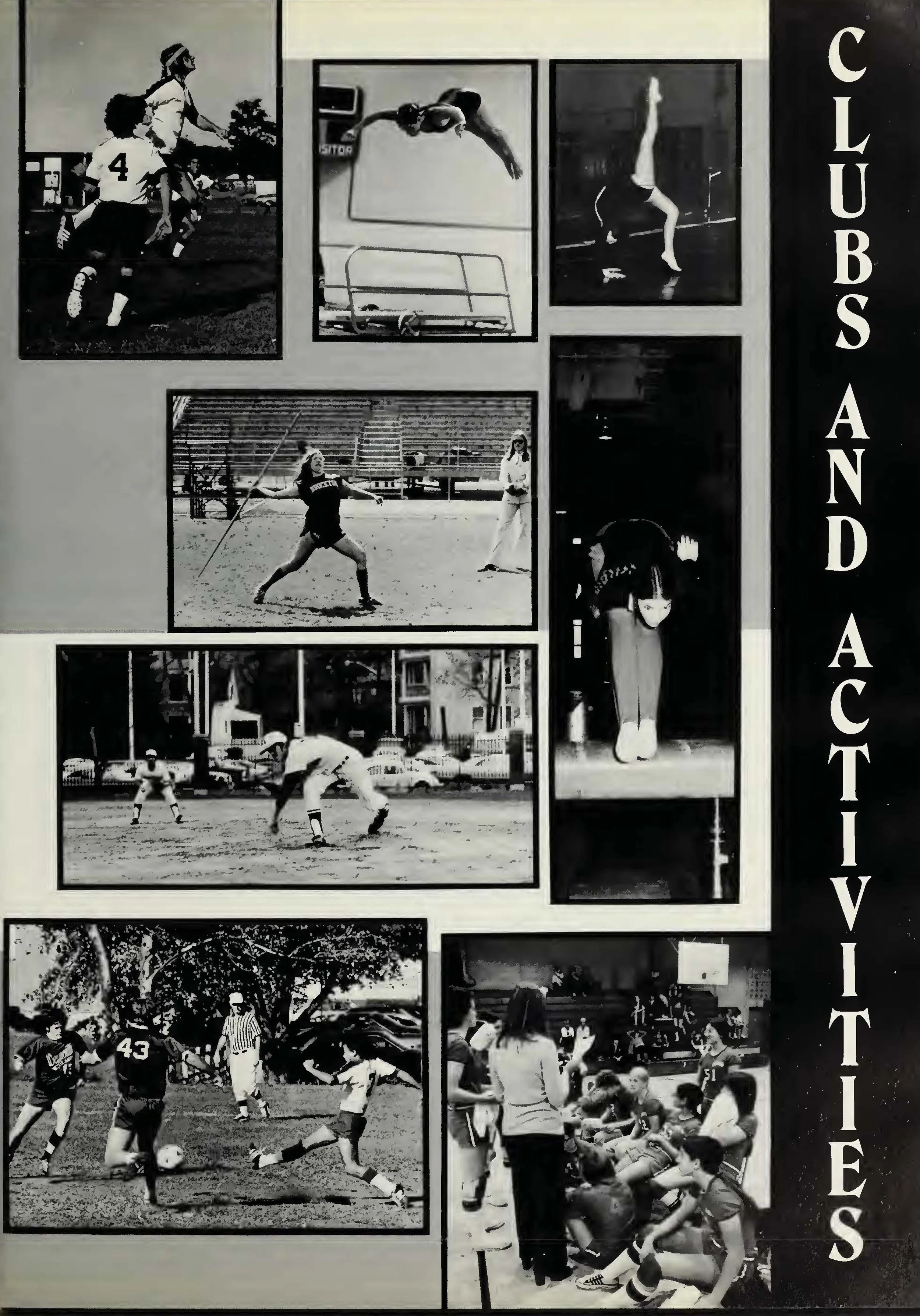 Collage of black and white sports photographs, including volleyball, track and field, and football, with the word 'CLUBS AND ACTIVITIES' vertically on the right.