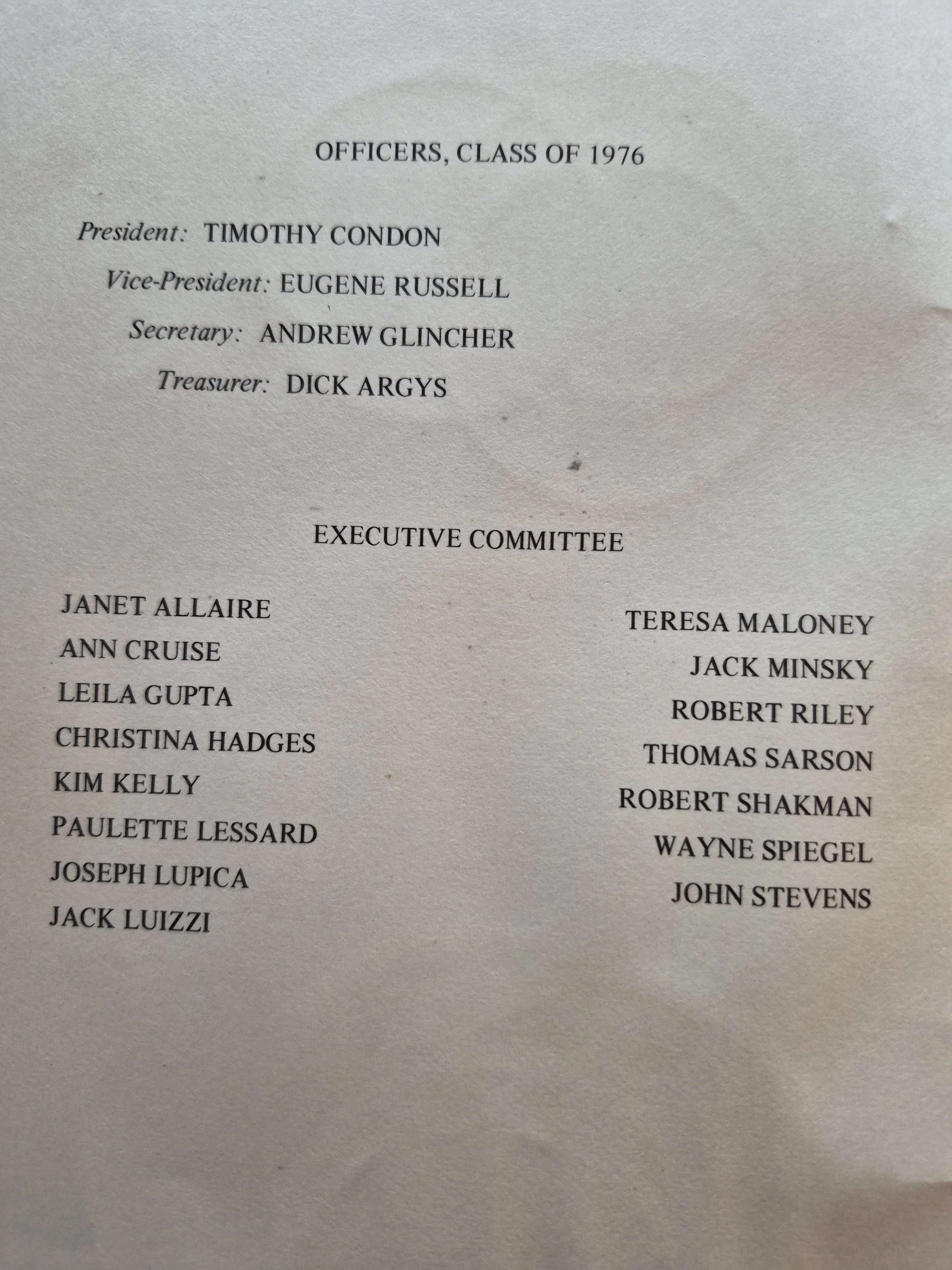 List of officers from the class of 1976, including President, Vice-President, Secretary, and Treasurer, with names such as Timothy Condon, Eugene Russell, Andrew Glincher, and Dick Argys, followed by a list of other names.