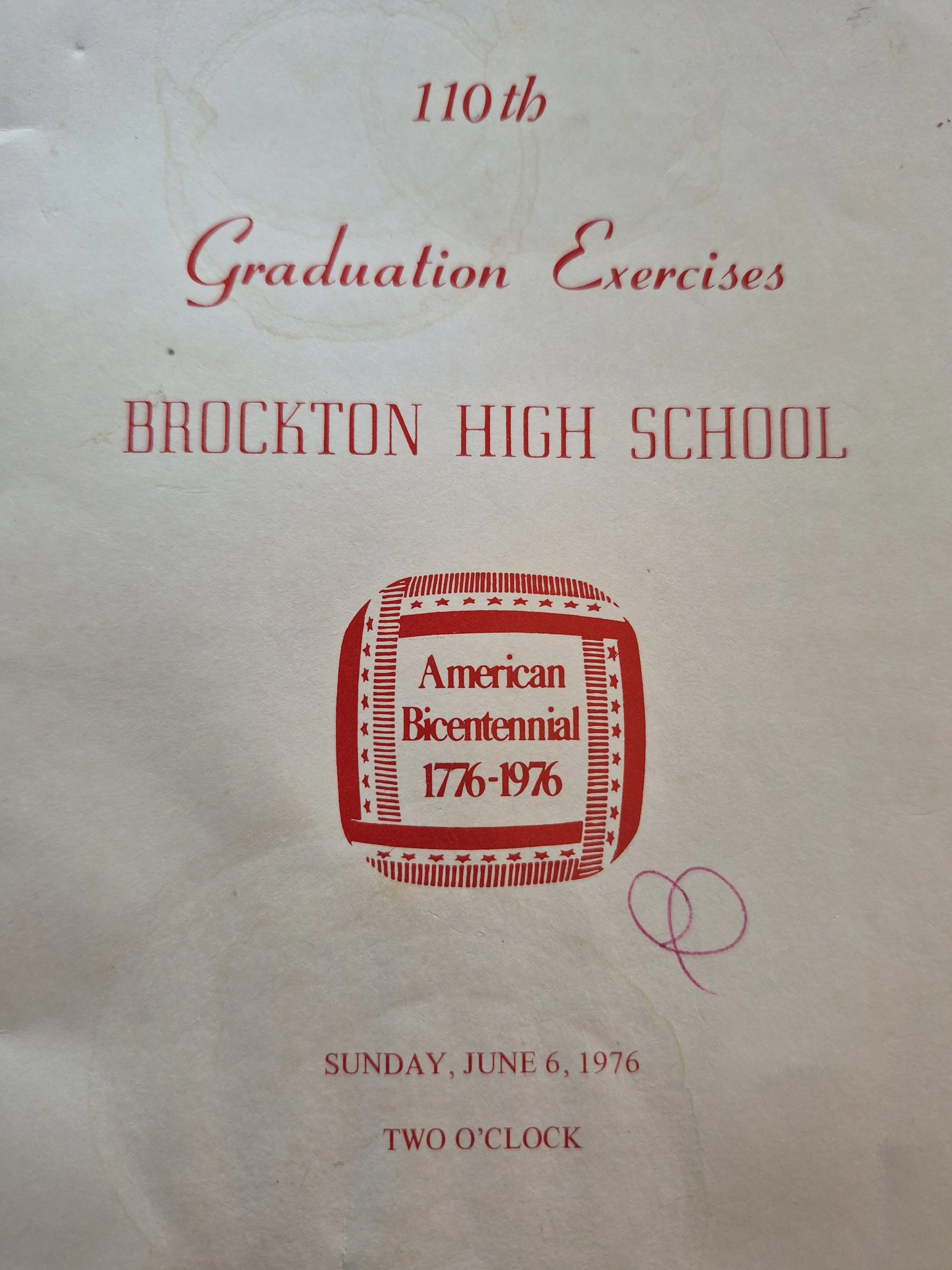 A paper program or invitation celebrating the American Bicentennial in 1976, with the date Sunday, June 6, 1976, and the time two o'clock, decorated with red text and a red emblem.