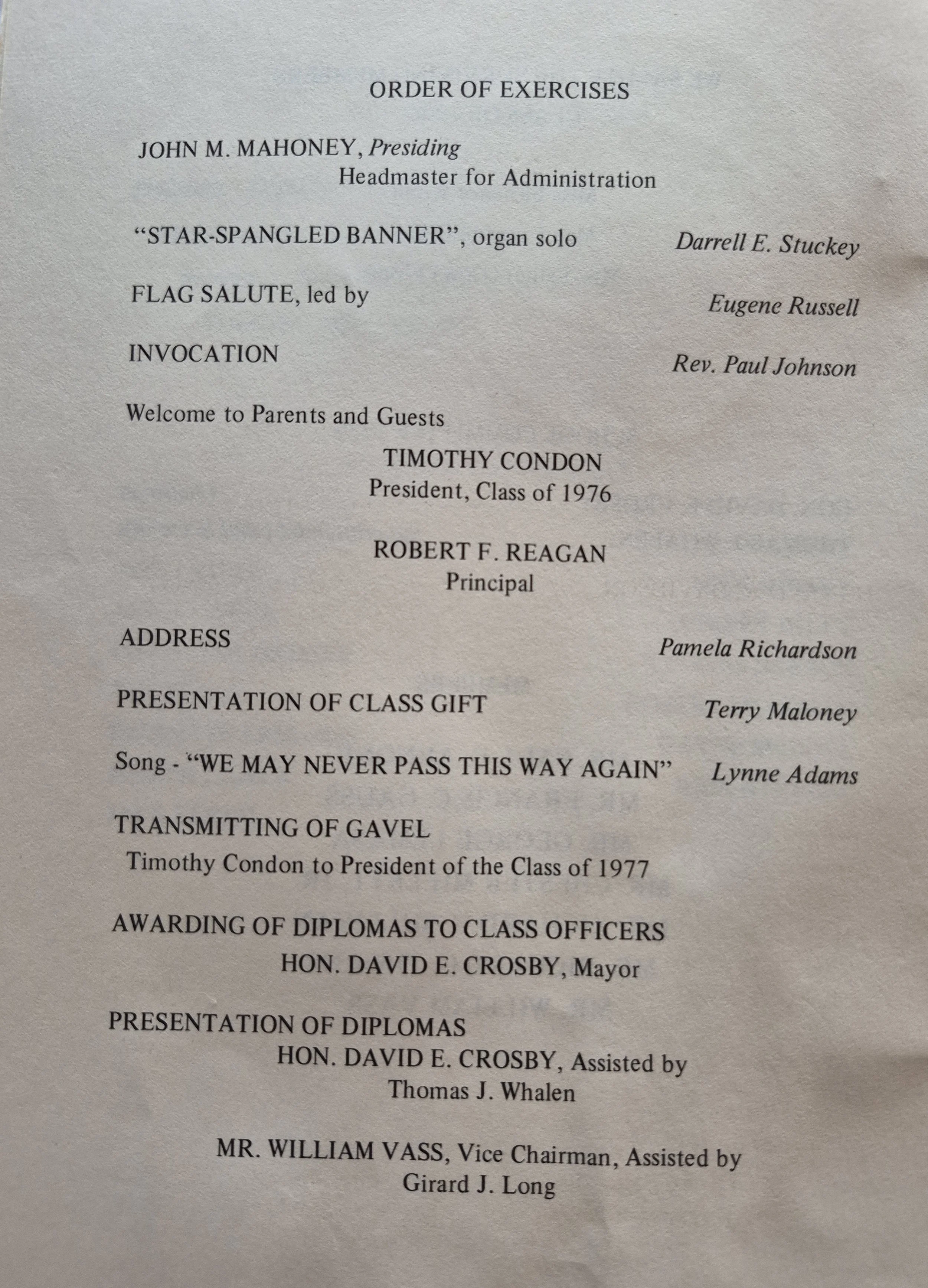 A printed program outlining an order of exercises and speeches for a ceremony, including names of speakers and topics.