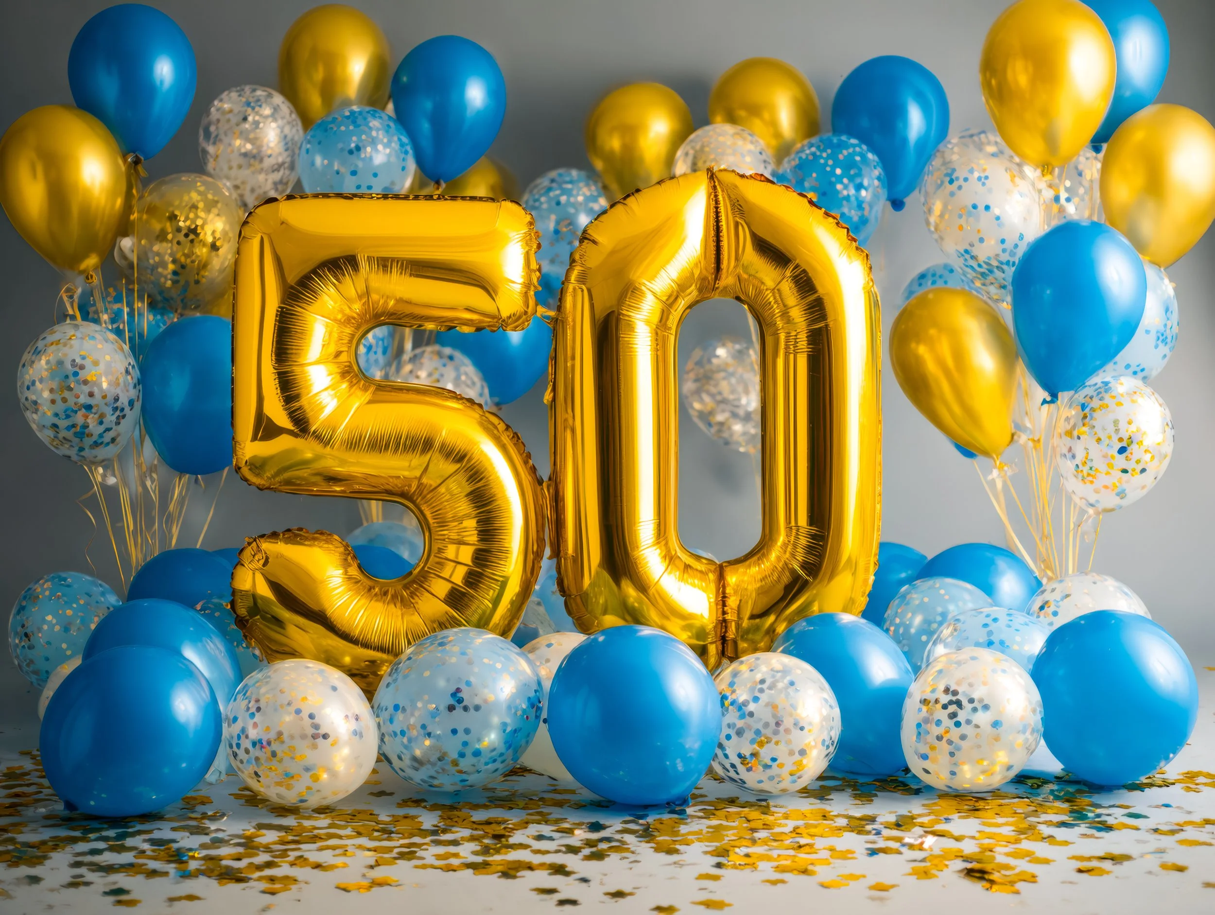 Celebration balloons in blue, gold, and transparent with confetti, with gold foil balloons spelling '20' in the foreground, and confetti on the floor.