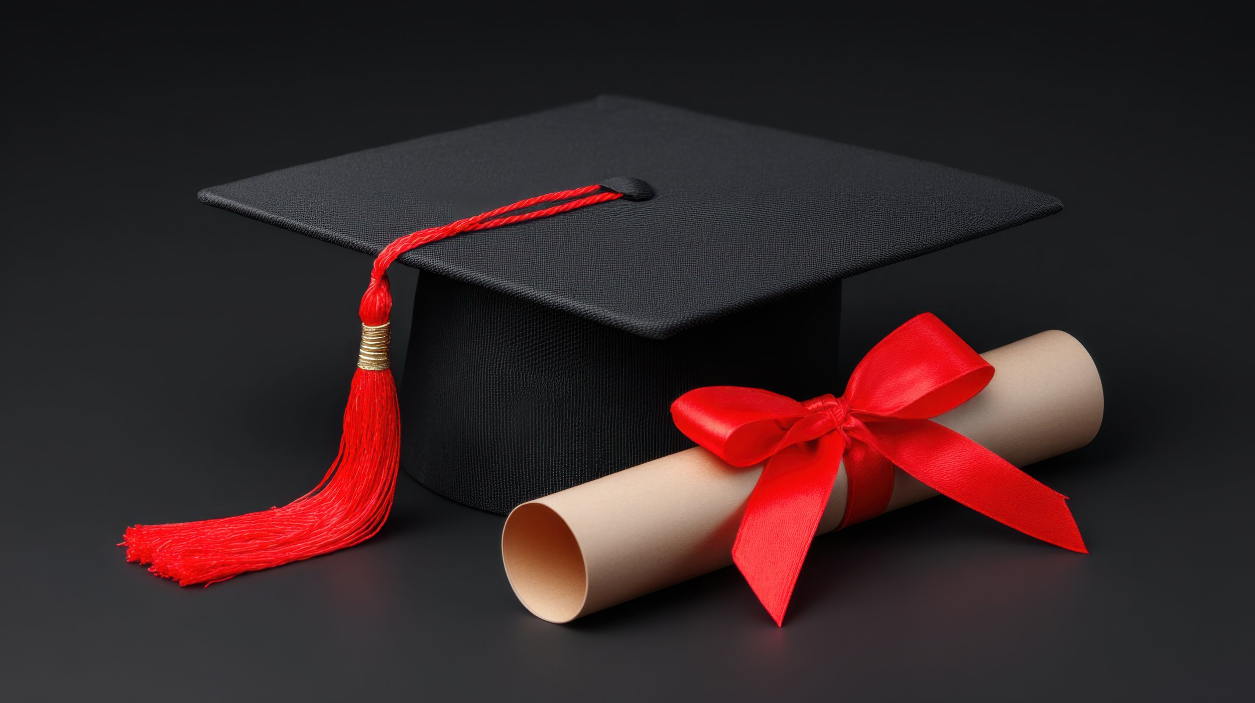 A graduation cap with a red tassel, a diploma wrapped with a red ribbon, and a rolled-up certificate on a dark background.