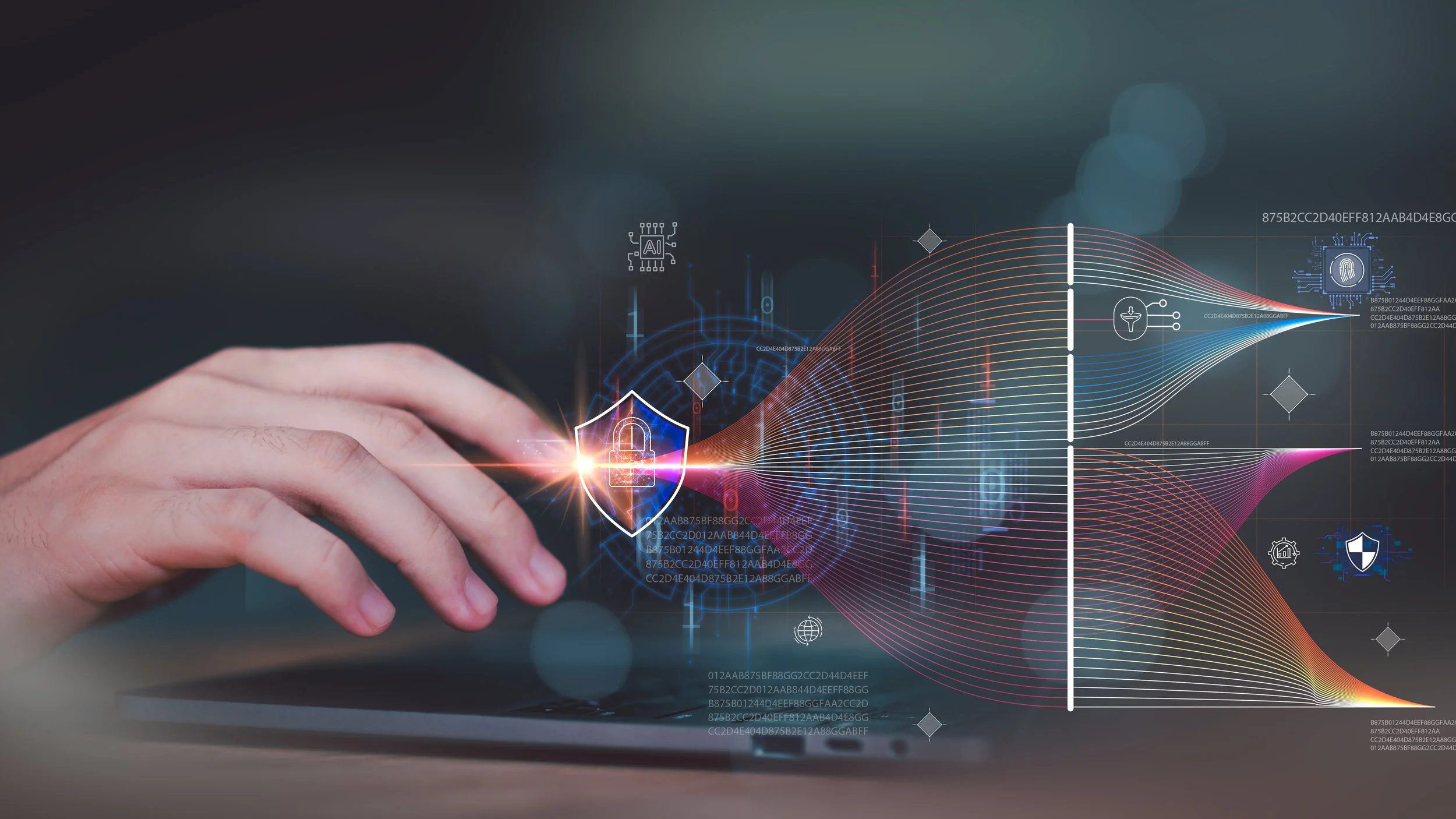 Close-up of a person's hand interacting with a holographic digital security and data interface showing a shield with a lock, waveforms, and various digital icons related to cybersecurity and data security.