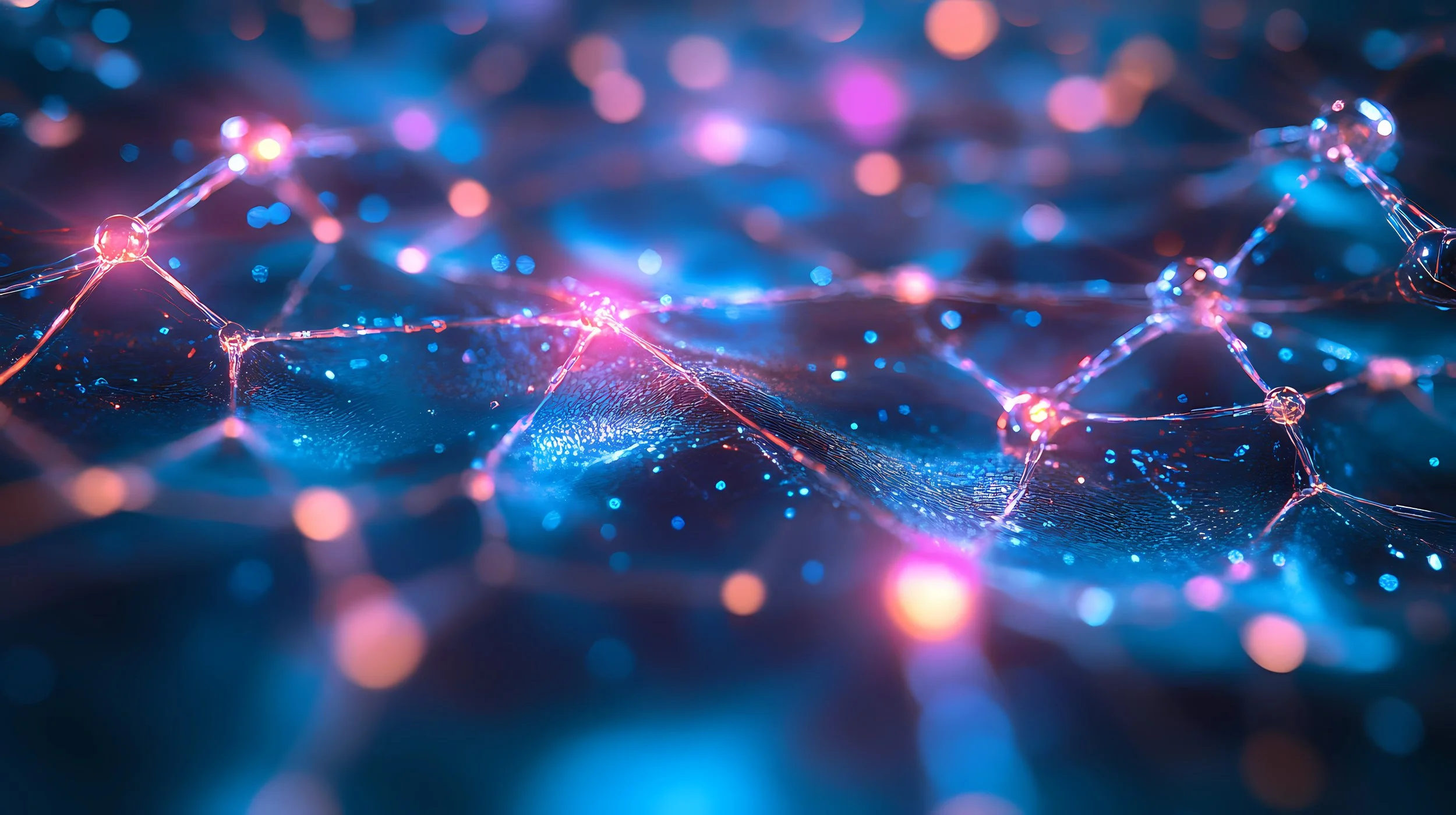 A digital abstract background with interconnected glowing pink and blue nodes and lines, resembling a network or molecular structure.