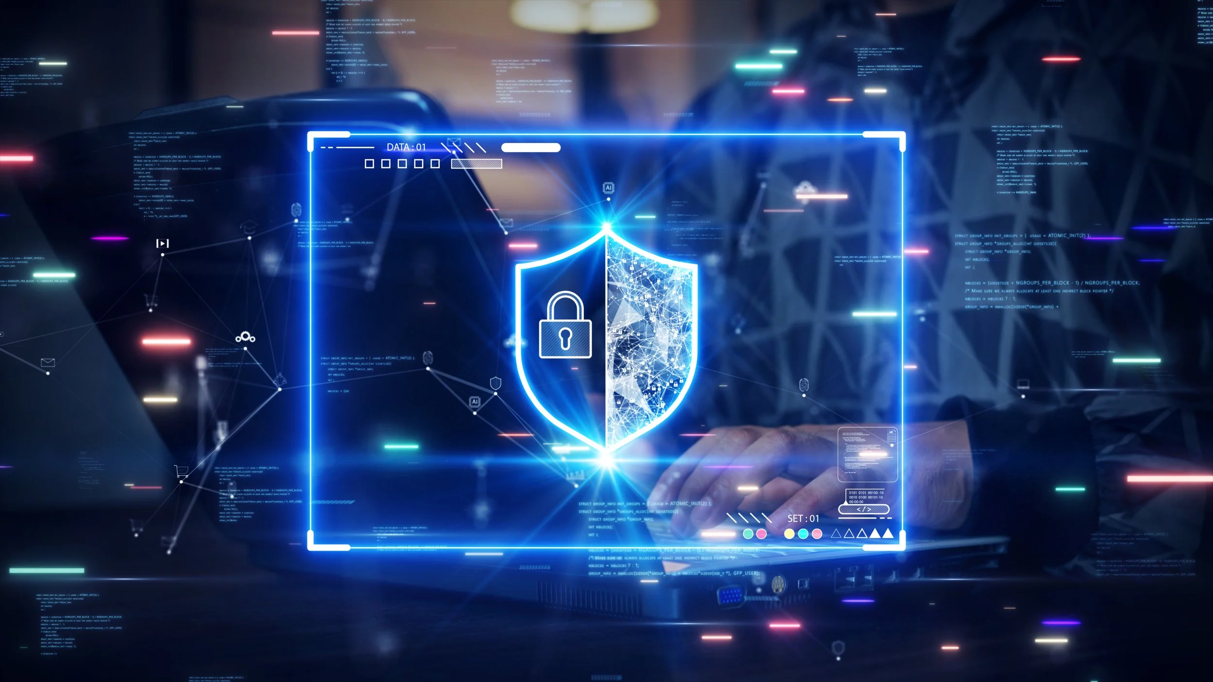 A digital illustration of a cybersecurity shield with a lock icon, surrounded by floating code, graphics, and data streams on a computer screen