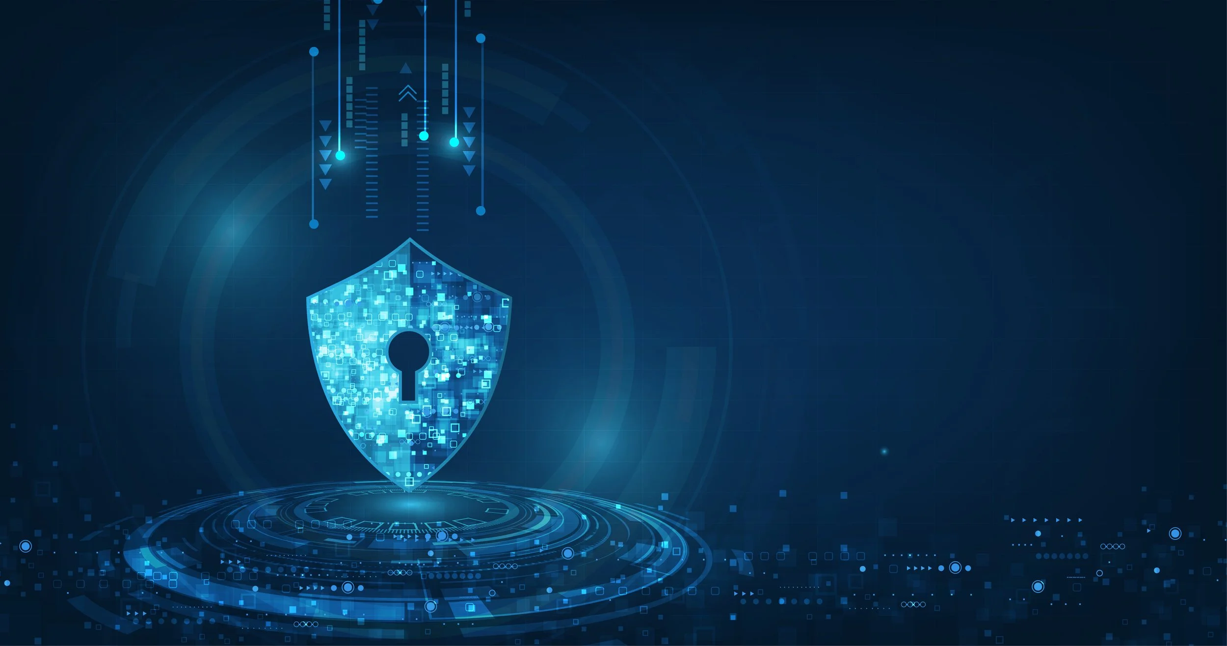Digital illustration of a shield with a keyhole, composed of glowing blue pixels, hovering above a circular technological surface with floating data patterns and lines, symbolizing cybersecurity or data protection.
