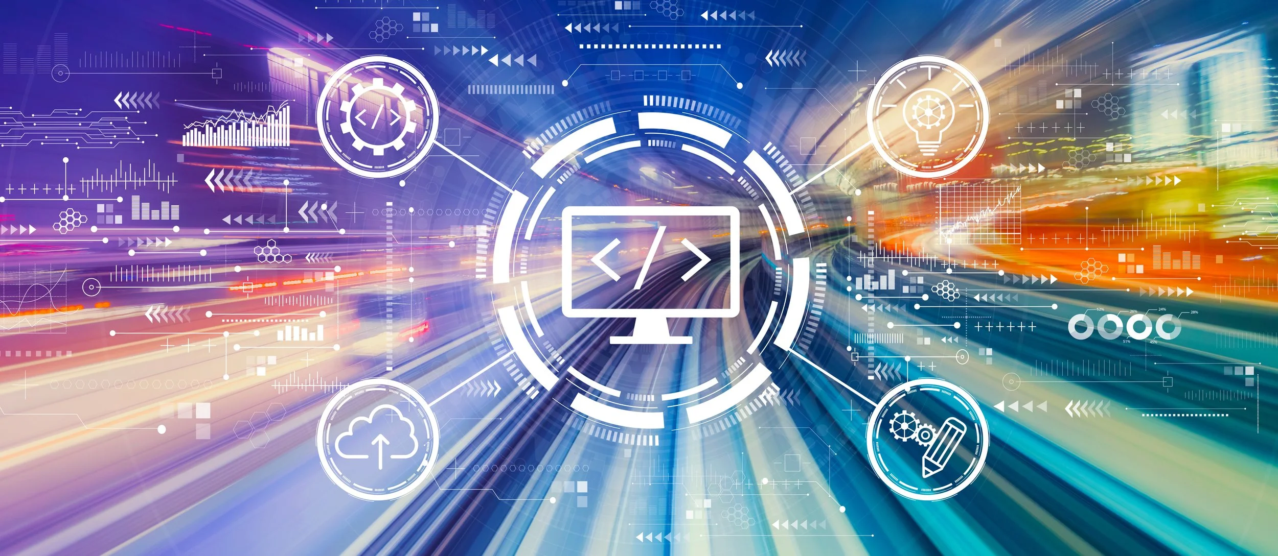Digital illustration of technology and software development concepts with icons for coding, cloud upload, graphics, and innovation over a colorful, blurred motion background.