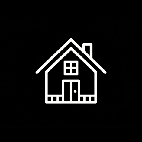 White line drawing of a house with a chimney on a black background.