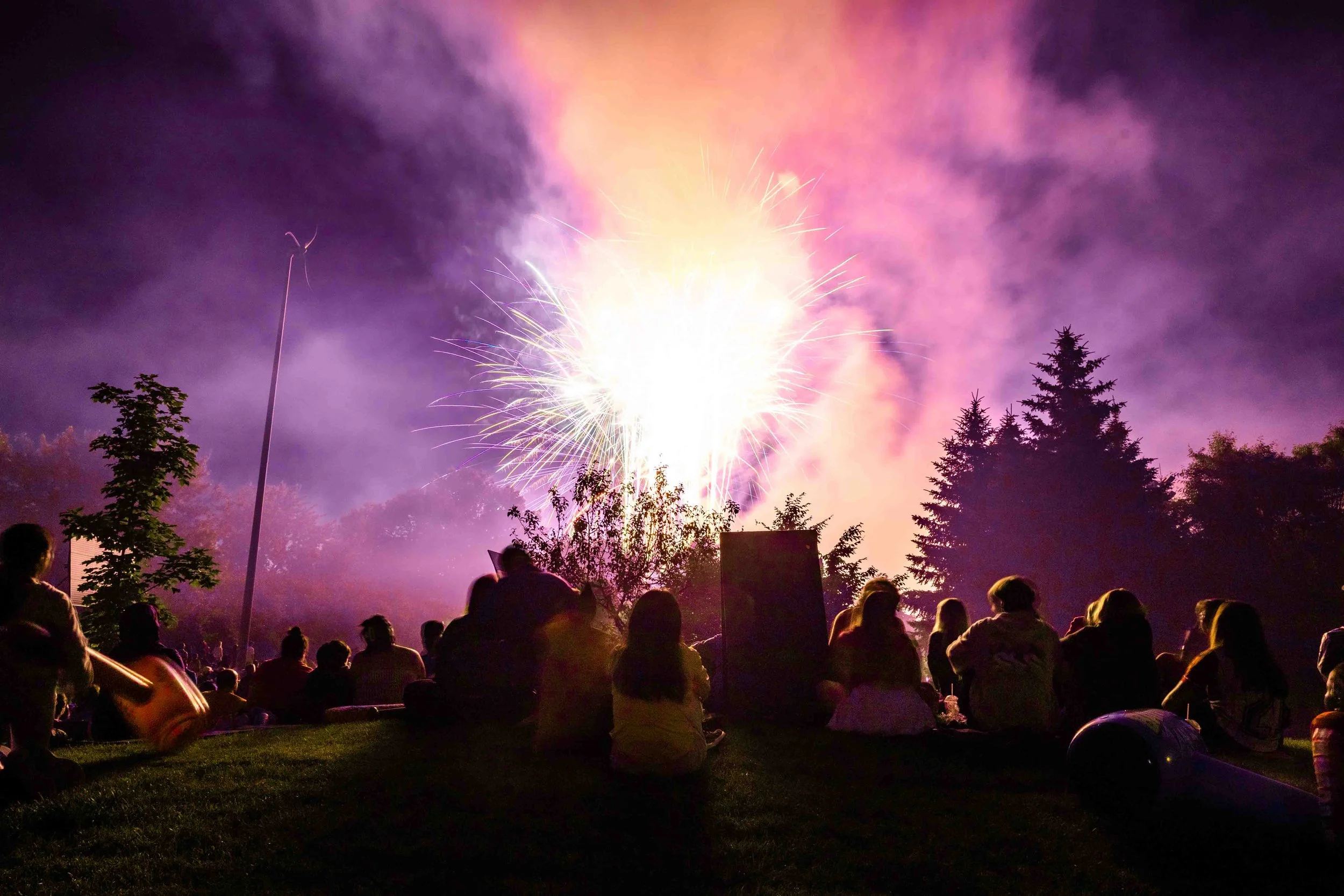 People sitting on grass watching fireworks in the night sky, with trees silhouetted against vibrant purple and pink clouds of smoke and light.
