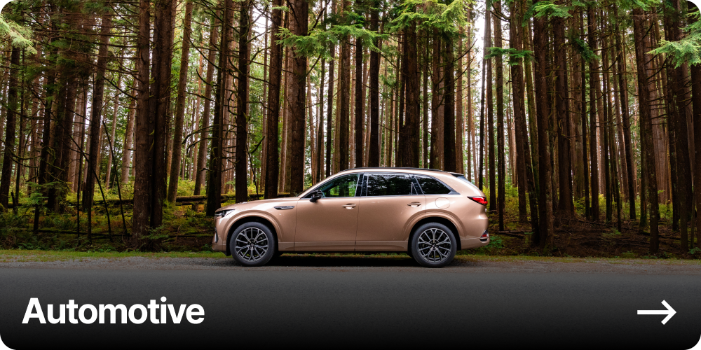 A beige SUV parked on the side of a road next to a dense forest with tall trees.