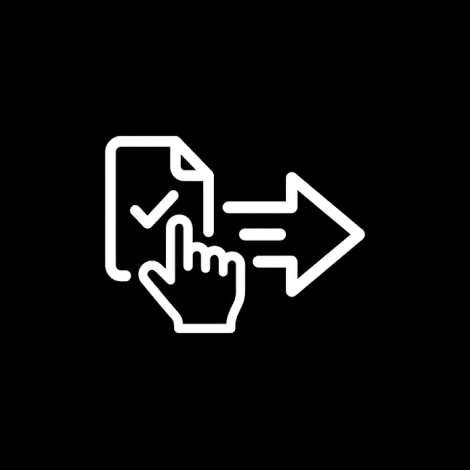 Icon of a document with a checkmark, a hand tapping, and an arrow pointing to the right, indicating document approval or submission.