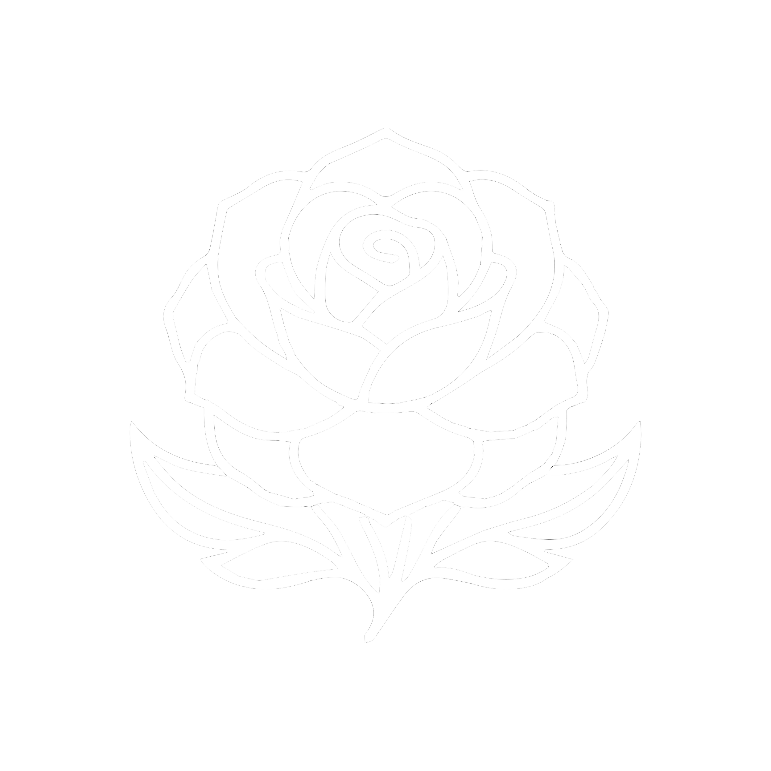 A minimalist black and white line drawing of a rose with detailed petals and leaves.