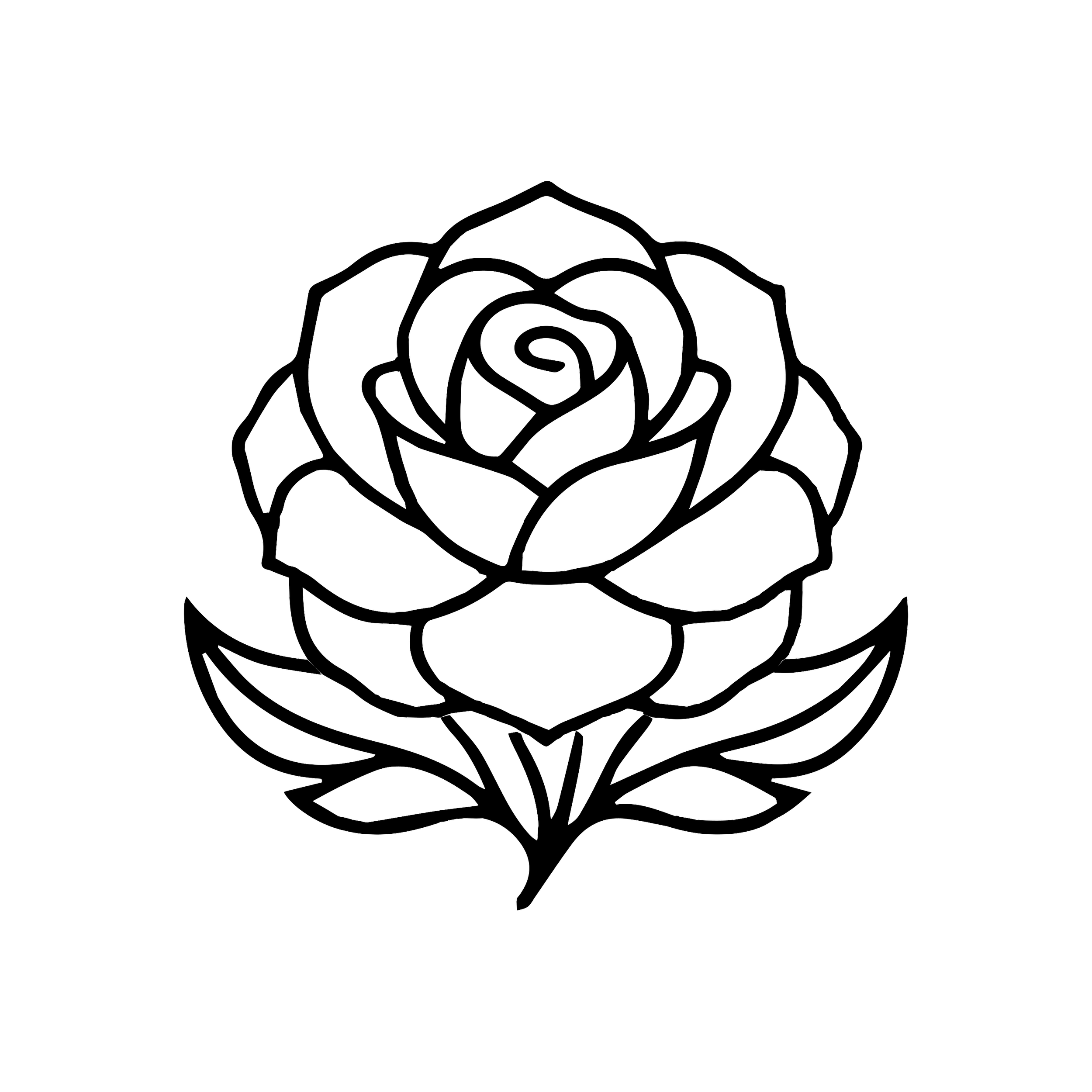 Outline drawing of a rose with detailed petal structure.
