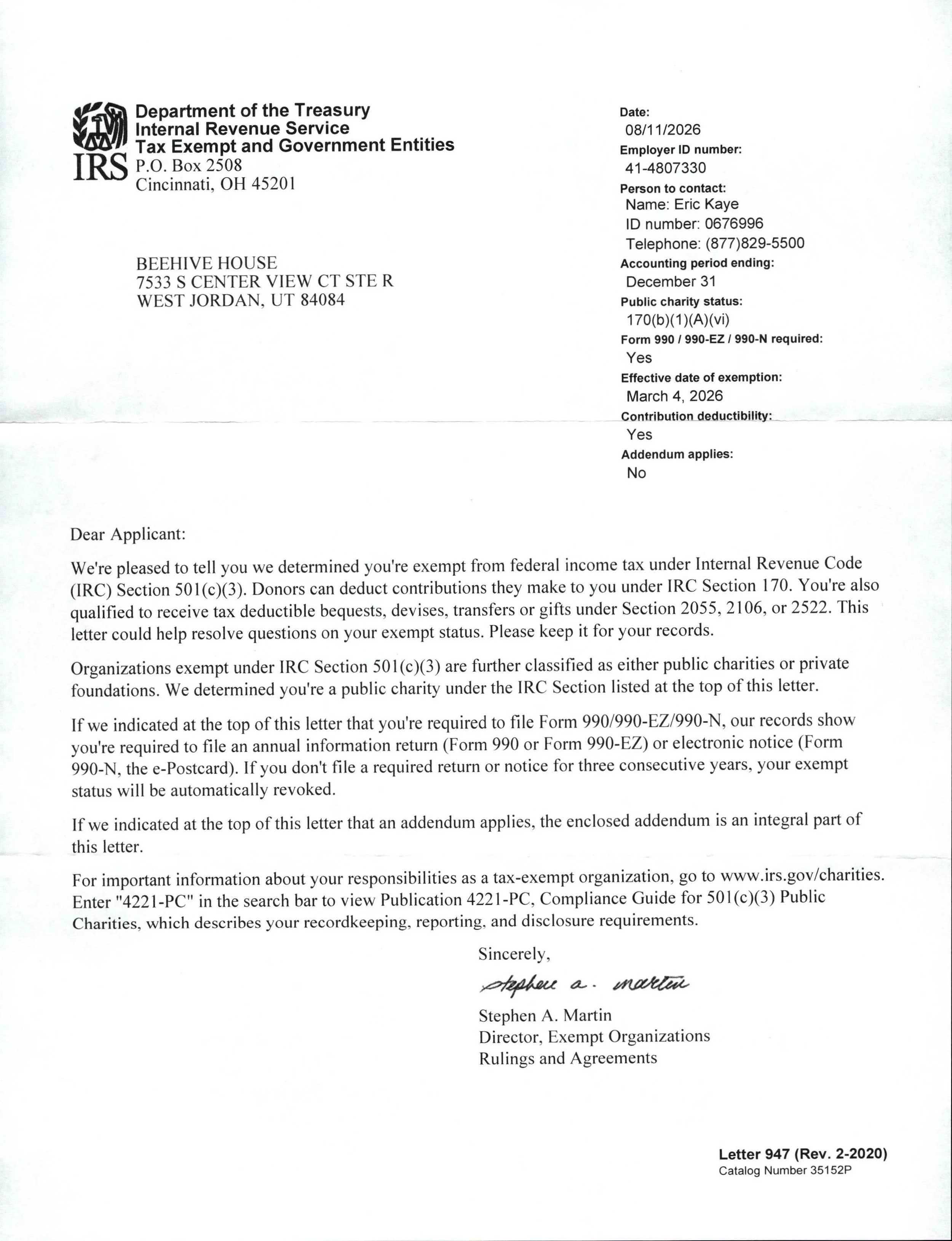 Letter from the IRS regarding tax exemption status, signed by Stephen A. Martin, Director of Exempt Organizations.
