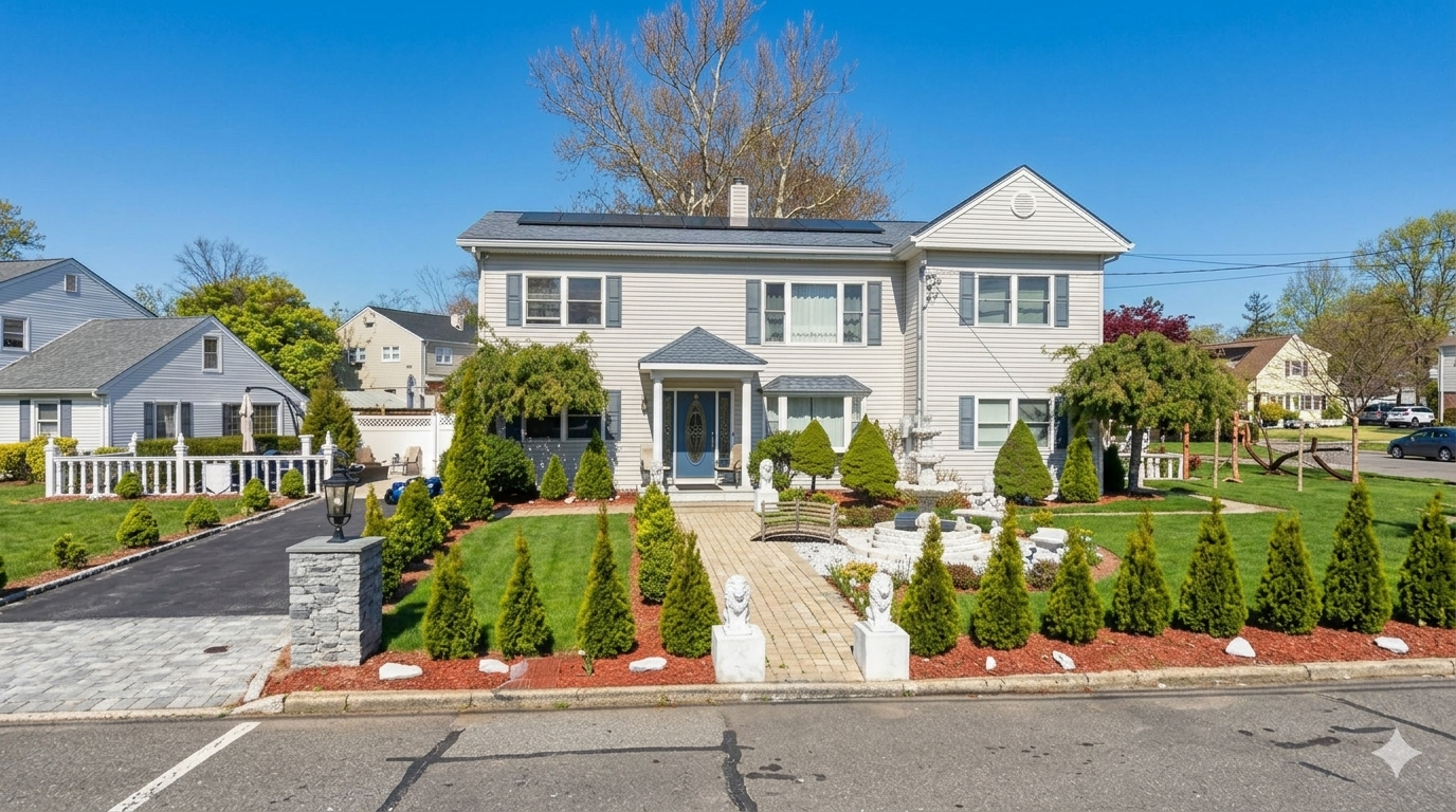 Large white house with a well-maintained front yard, concrete walkway, and landscaping including small shrubs and decorative statues, on a sunny day.