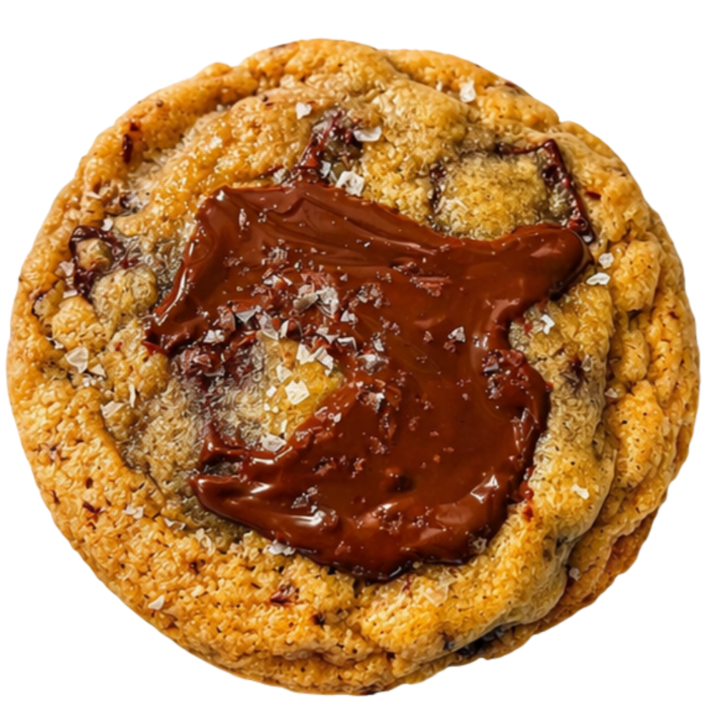Close-up of a cookie with chocolate, caramel, and sprinkled salt on top.