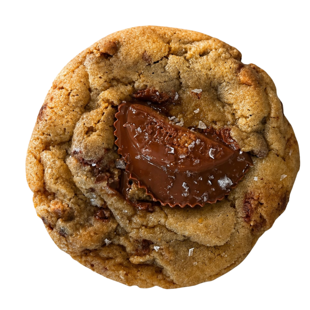 Chocolate chip cookie with a dome of melted chocolate in the center, sprinkled with sea salt.