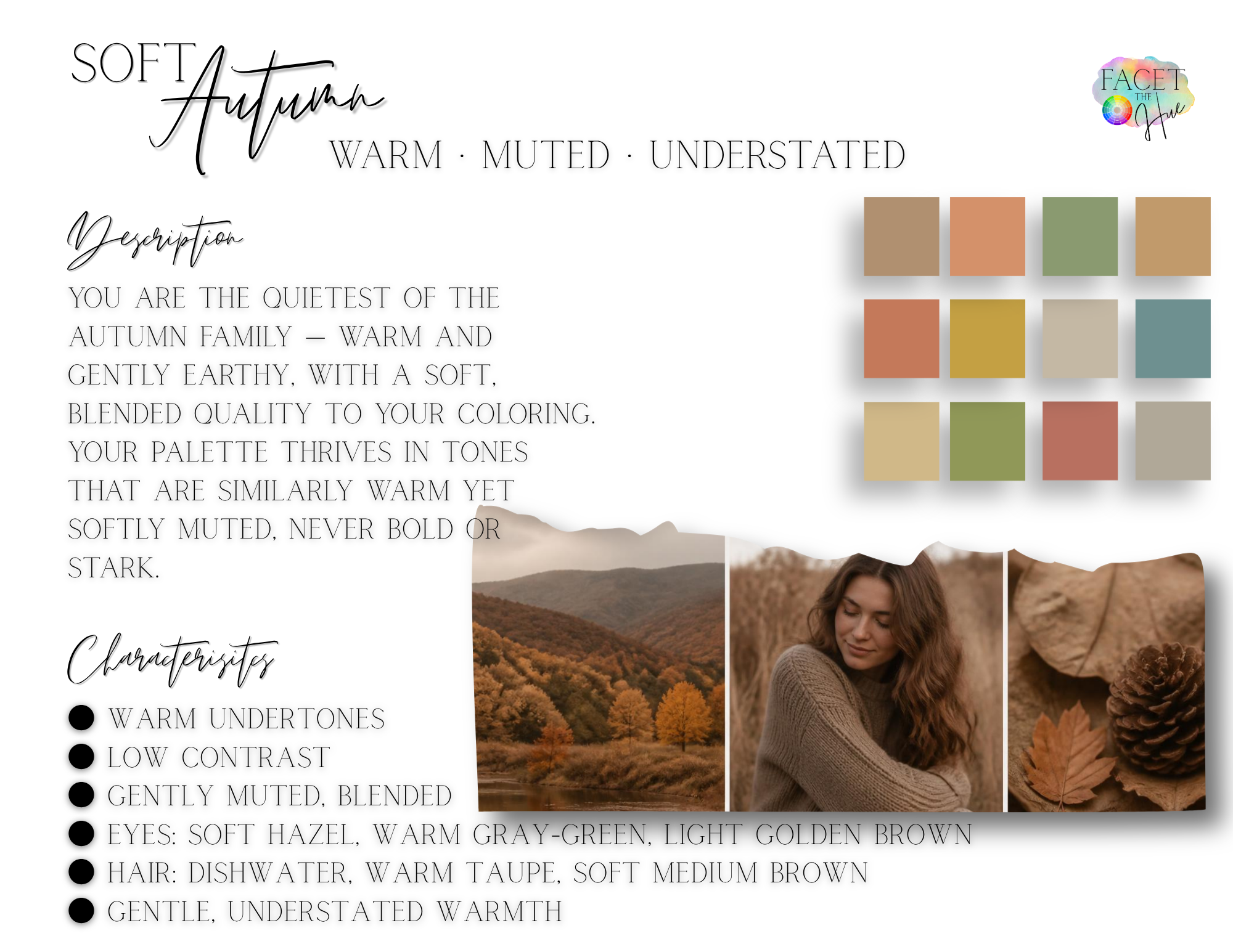 A design page with autumn color palette, text about autumn characteristics, swatches of warm earthy colors, and photos of a woman in a fall landscape and fallen leaves.