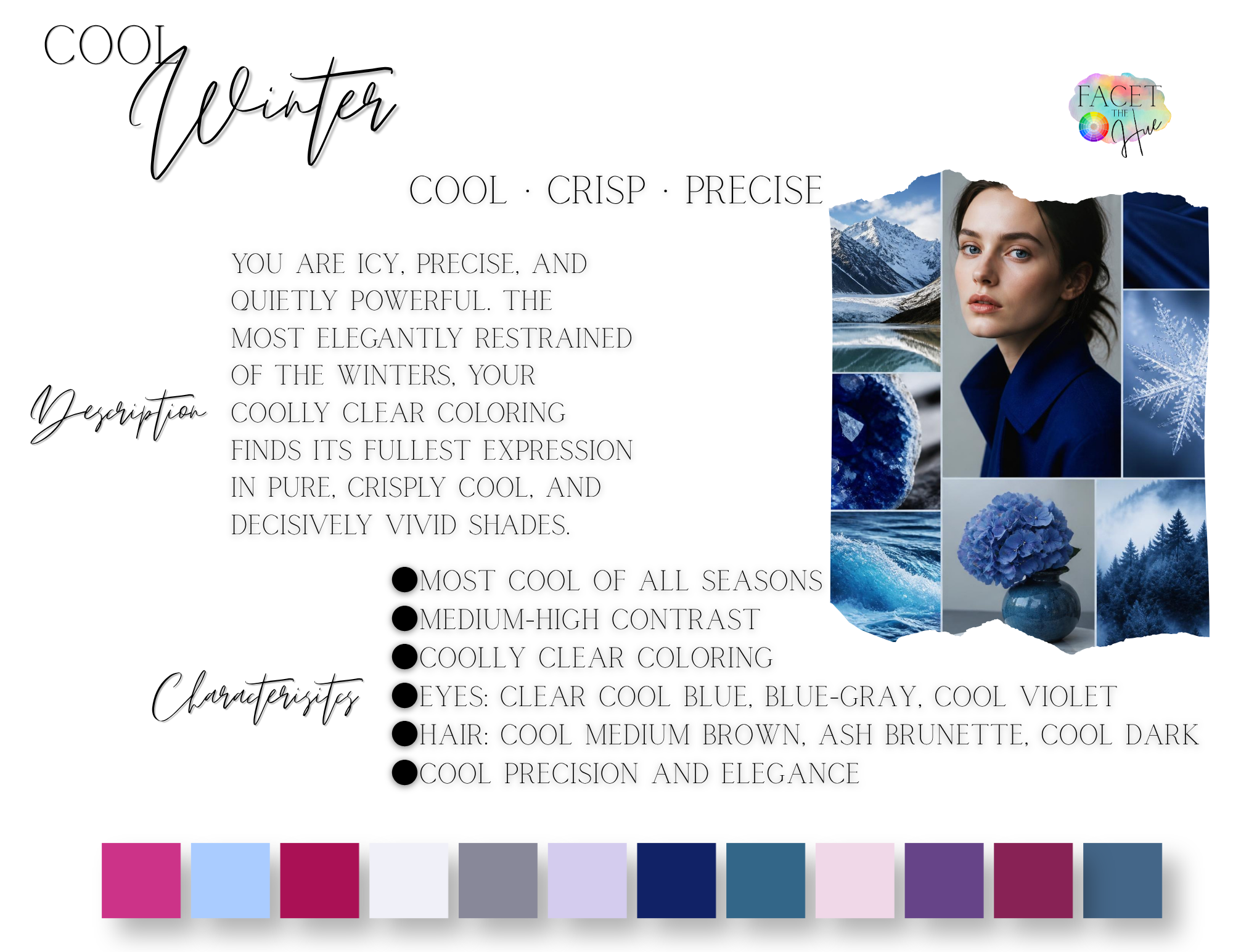 A fashion or makeup style guide with a collage of blue winter-themed images, including mountains, a woman with blue eyes and dark hair, snowflakes, and icy textures. The guide highlights characteristics such as cool, crisp, precise, and vivid shades of blue, gray, and violet, and describes women with cool, medium brown to dark hair and clear, cool blue or violet eyes.