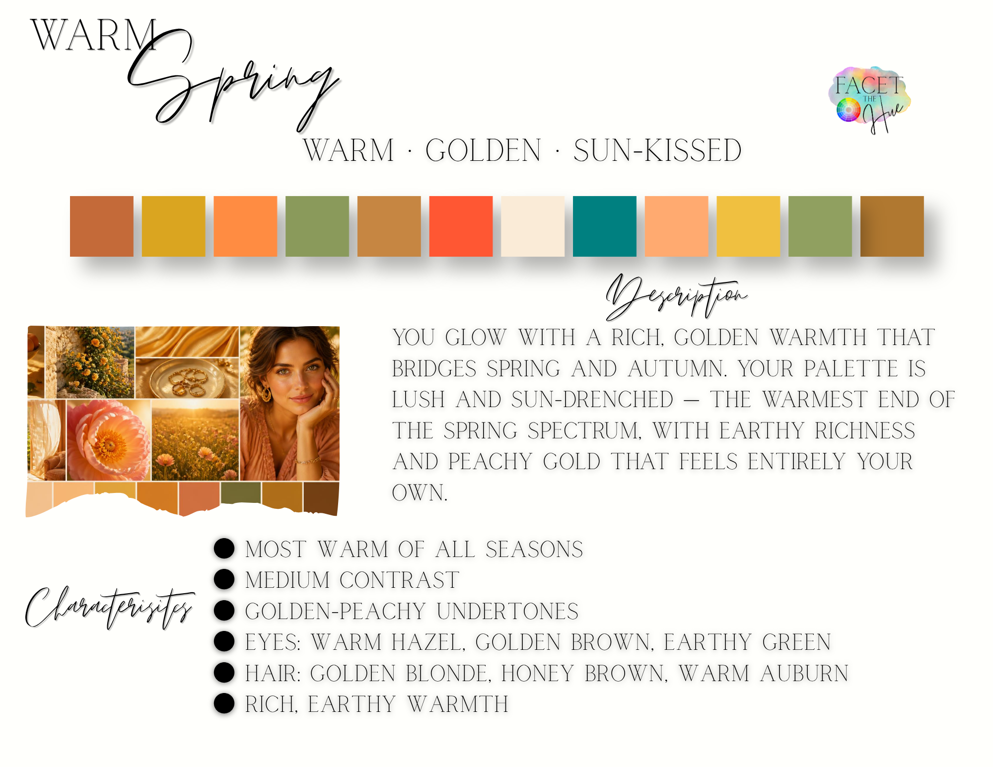 A color palette featuring warm, golden, and sun-kissed shades with swatches of earthy browns, golds, oranges, and green hues, accompanied by a description of the warm spring color characteristics and a collage of autumn-themed images and a woman with warm-toned features.