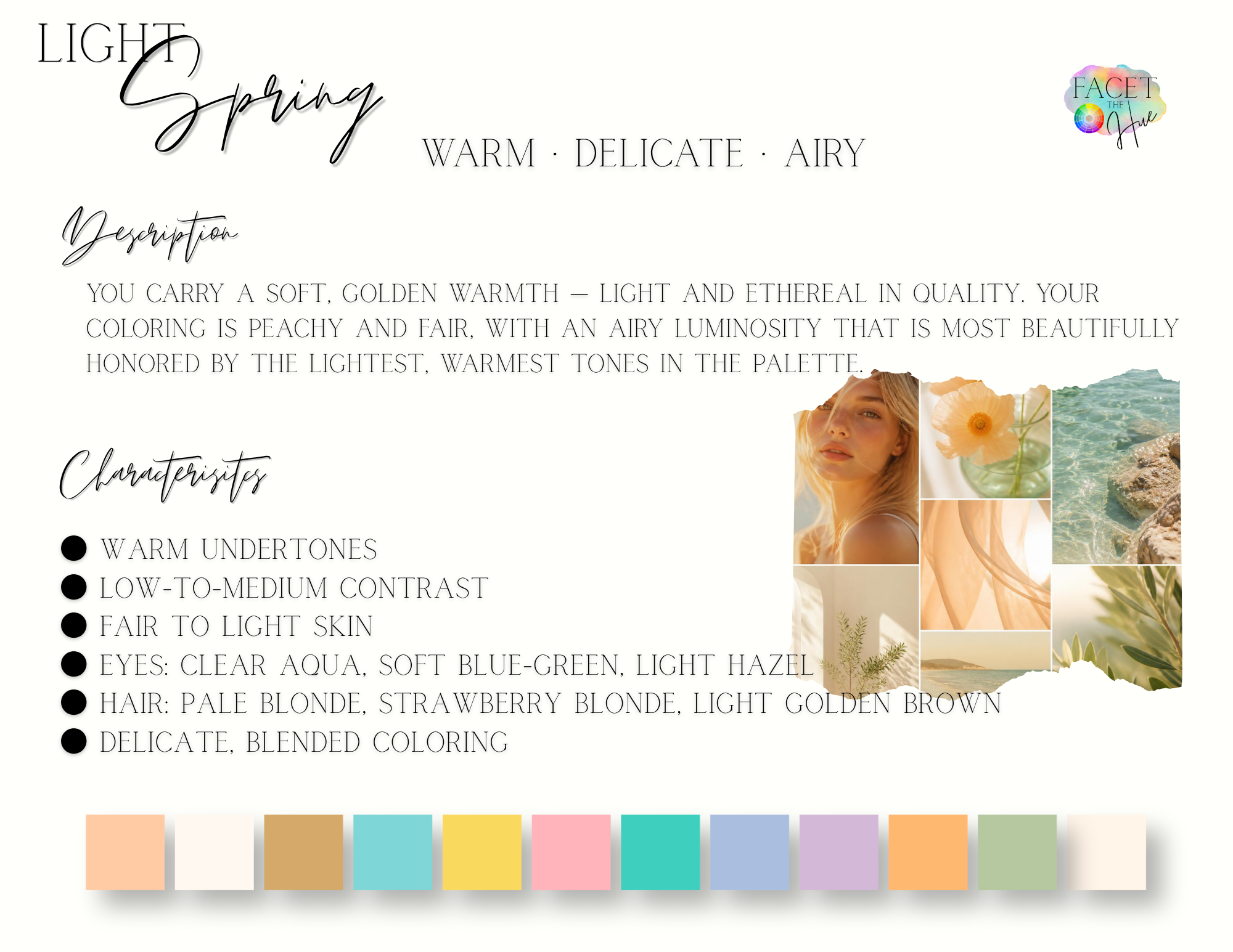 A digital color palette titled "Light Spring" with description about warm, delicate, airy tones. The palette includes shades of peach, beige, light aqua, yellow, pink, and soft purple. To the right, there are photographs of a woman with blonde hair, a peach flower, and a coastal scene, all in soft, warm tones.