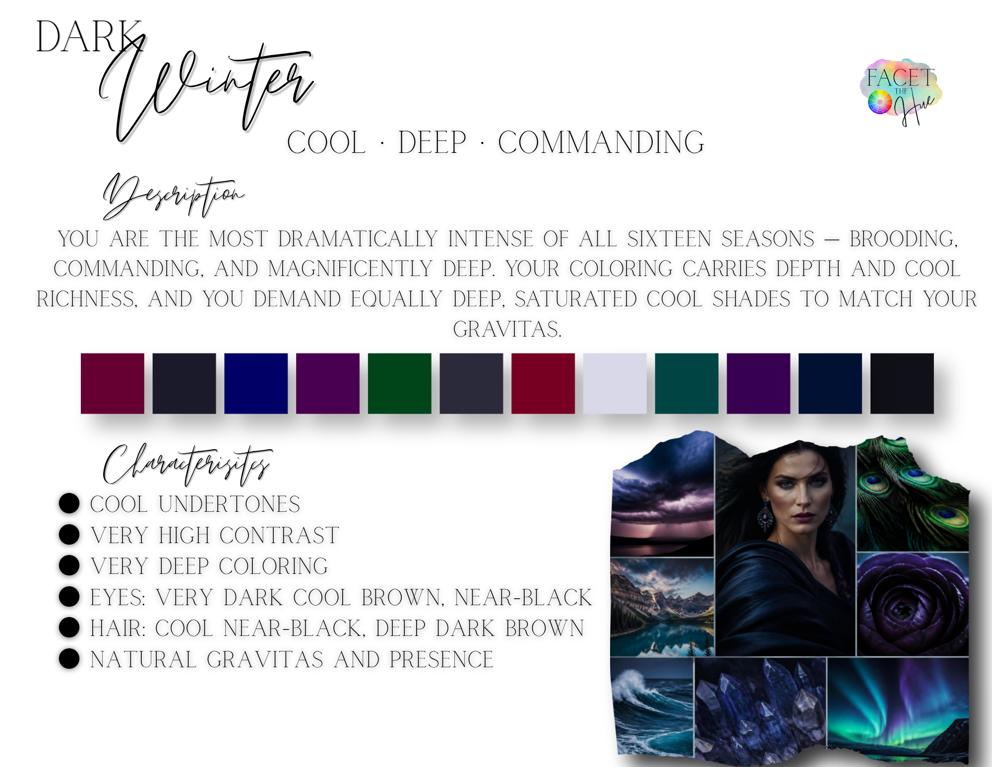 Fall color palette with shades ranging from deep burgundy to black, complemented by text and images of natural landscapes and a woman with dark hair and makeup.