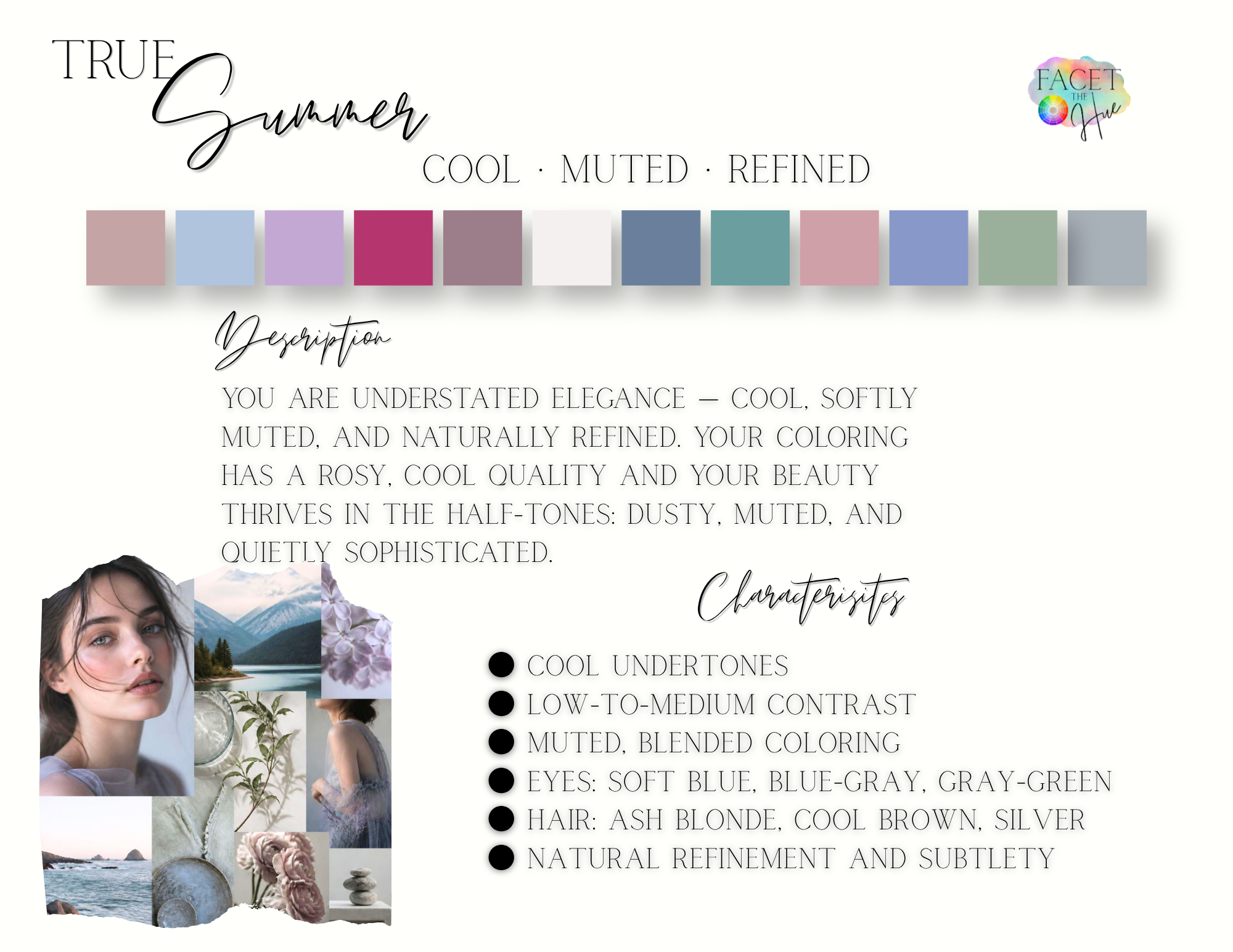 A webpage titled 'True Summer' features a color palette of muted, cool, and refined tones with a gradient of pastel shades and a series of photographs including a woman with brown hair and blue eyes, mountain scenery, and natural elements like flowers and stones. The page describes characteristics of a 'True Summer' color profile, emphasizing elegance, softness, and natural beauty.