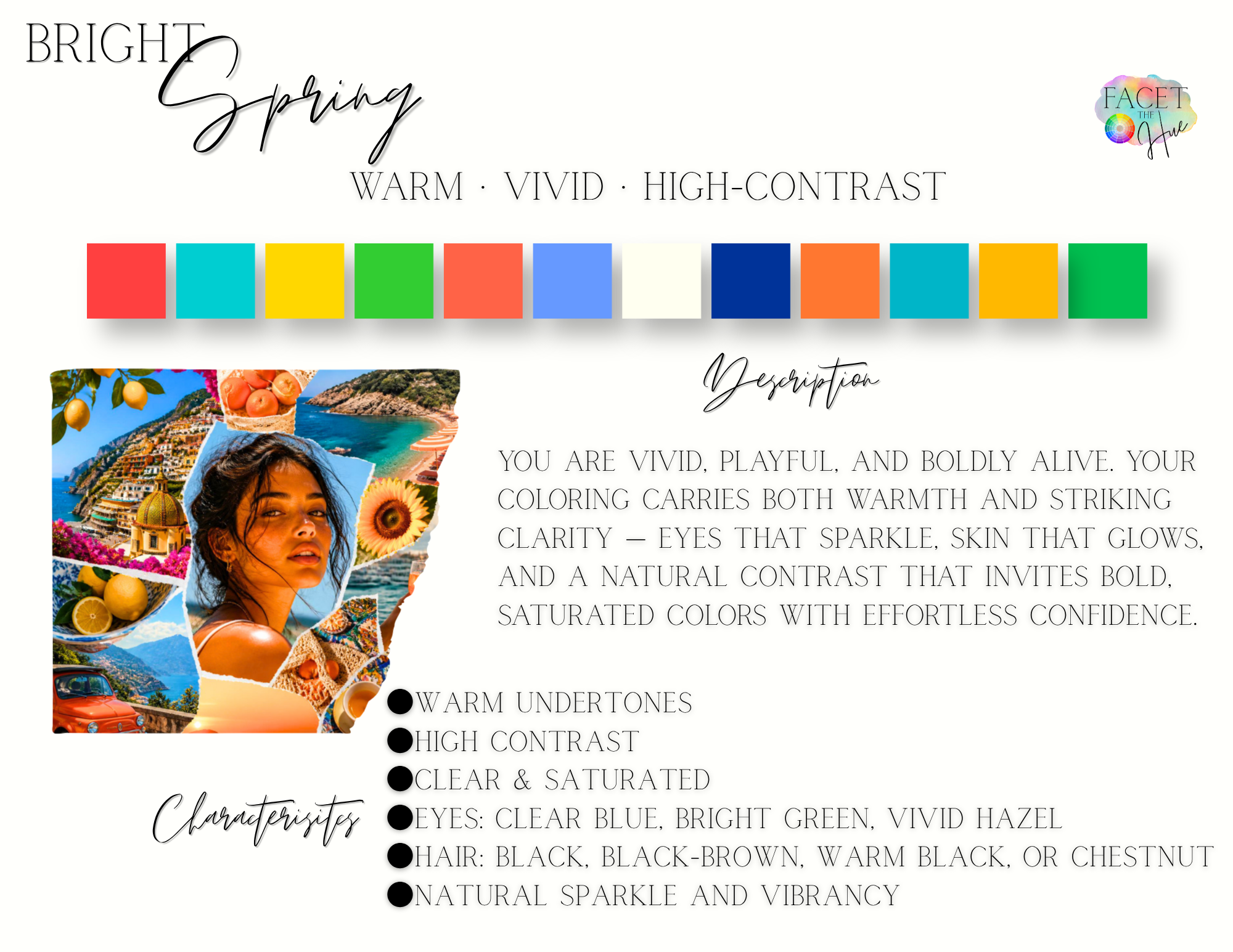 A colorful graphic design promoting Spring with the words "Bright Spring" in elegant fonts, color swatches, and a collage of vibrant photos including lemons, a coastline, a woman with sun-kissed skin, and an orange car, emphasizing warm, vivid, high-contrast colors.