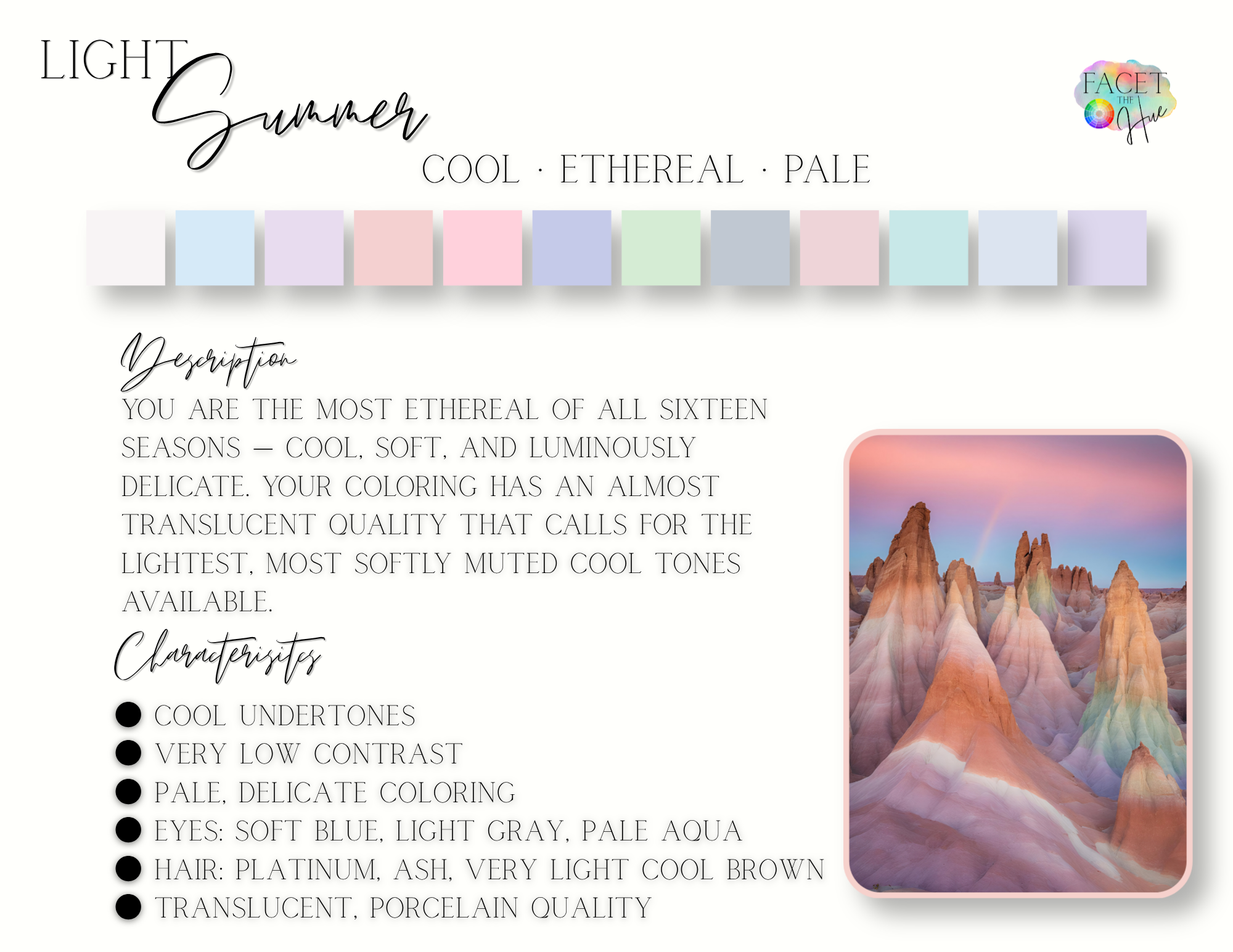 A color palette featuring pastel shades including white, light blue, lavender, pink, pale purple, light green, soft gray, and light blue, with a description of light, ethereal, and pale colors for summer.