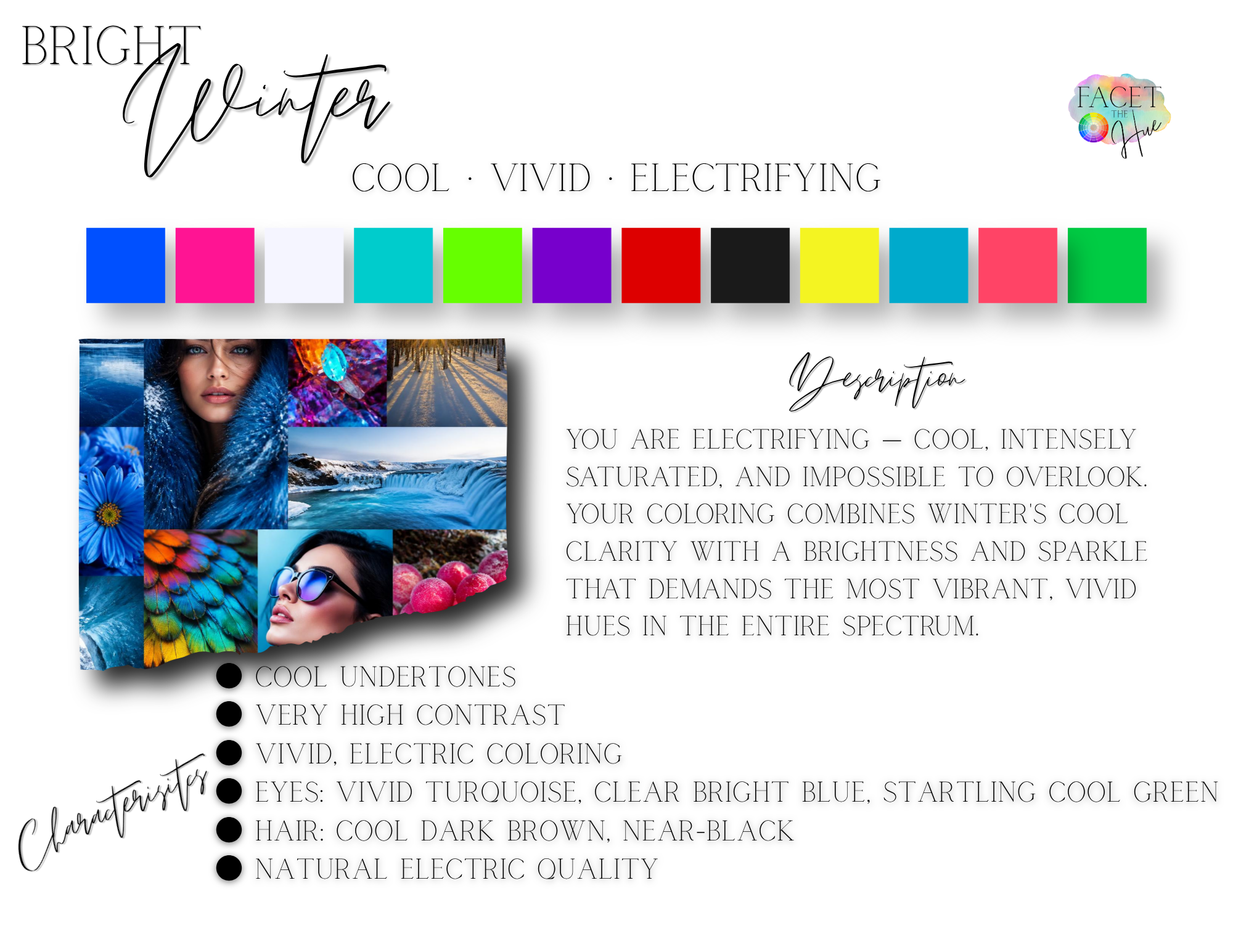 A promotional graphic for winter color therapy, featuring a color palette with blue, pink, white, turquoise, green, purple, red, black, yellow, orange, and red shades. The text emphasizes vibrant, electric, and electrifying winter colors, and includes a collage of photos with icy landscapes, a woman with winter makeup, close-ups of colorful feathers, and women wearing sunglasses with icy blue and green backgrounds.