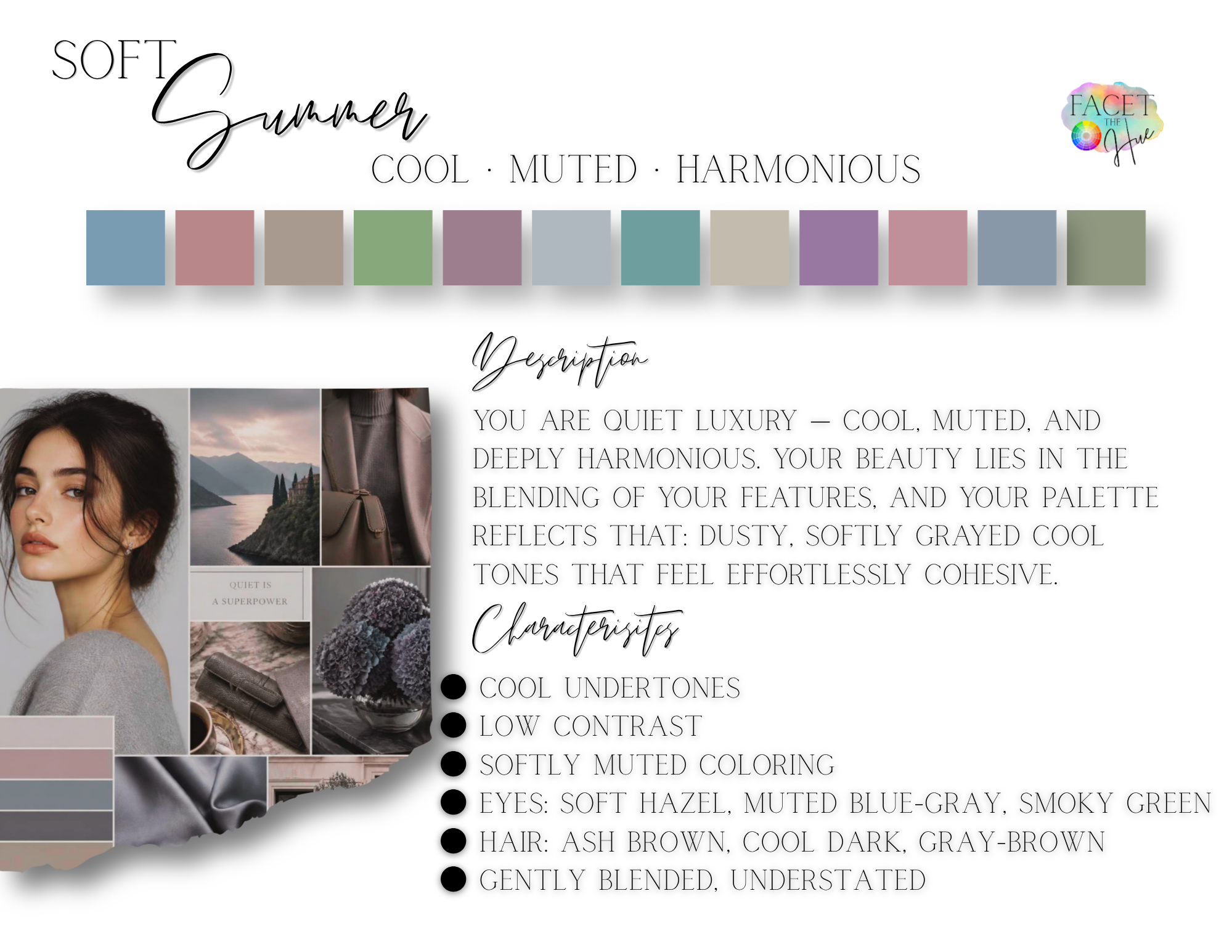 A digital beauty palette with color swatches, text about summer fashion and beauty, and a photograph of a woman with dark brown hair and neutral makeup, surrounded by images of nature and fashion accessories.