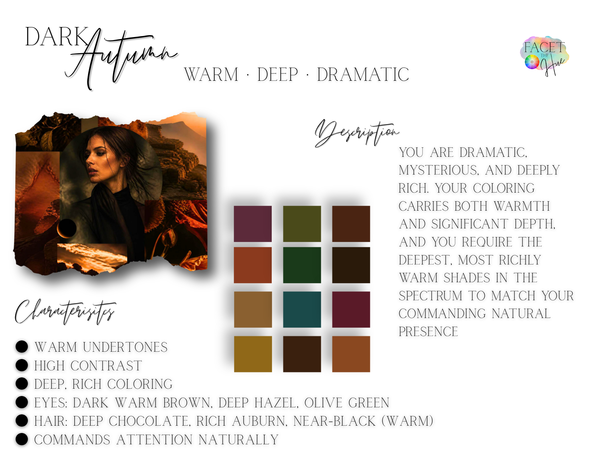 A graphic design poster features warm autumn colors and a photo of a woman with dark hair, set against landscapes with earthy tones. The poster explains the characteristics for a color palette named 'Dark Autumn,' highlighting traits such as warmth, mystery, and depth, and includes a color palette of squares in shades like maroon, olive green, burnt orange, and teal.