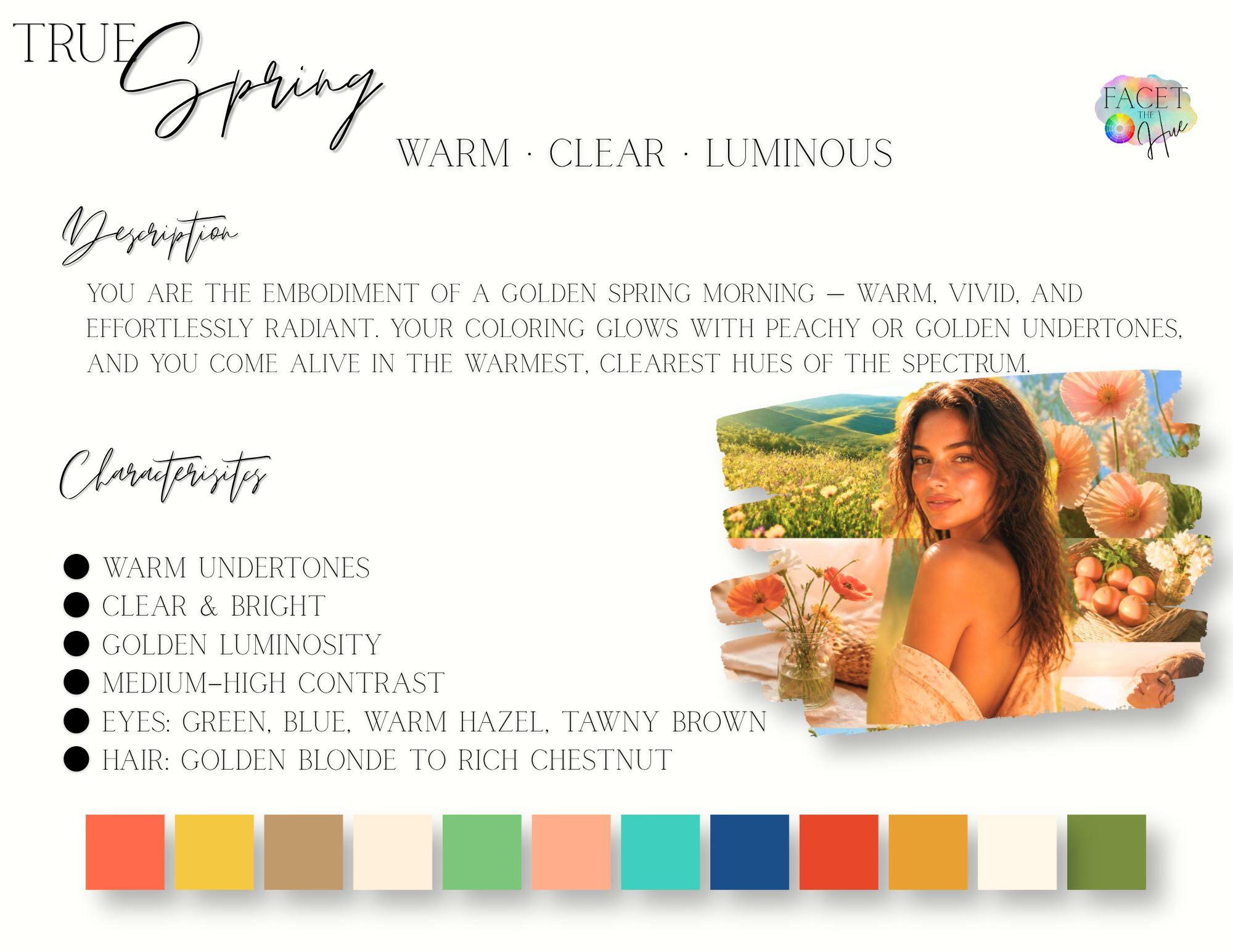 A spring-themed fashion and beauty guide featuring natural and luminous skin tones, warm eye colors, and golden blonde to rich chestnut hair. Includes a woman with long curly hair, floral background, and color palette at the bottom.
