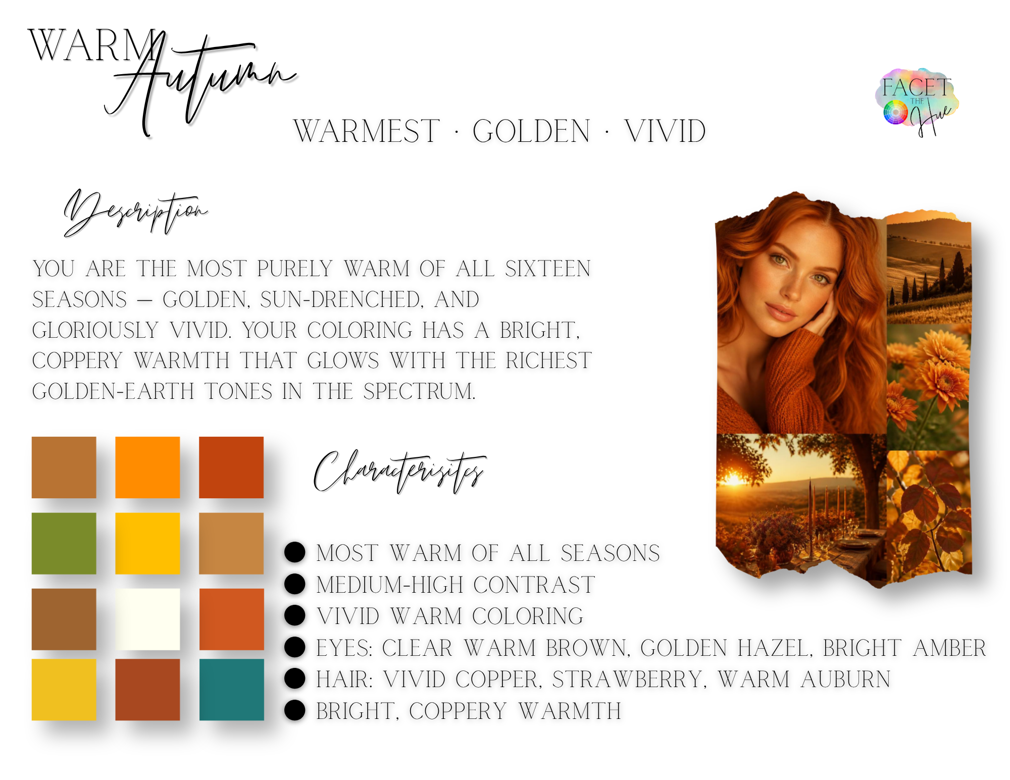 Text-based design describing warm autumn colors, golden hues, and vivid shades with a small image of a woman with red hair, a landscape with sunset, and fall-themed photographs.