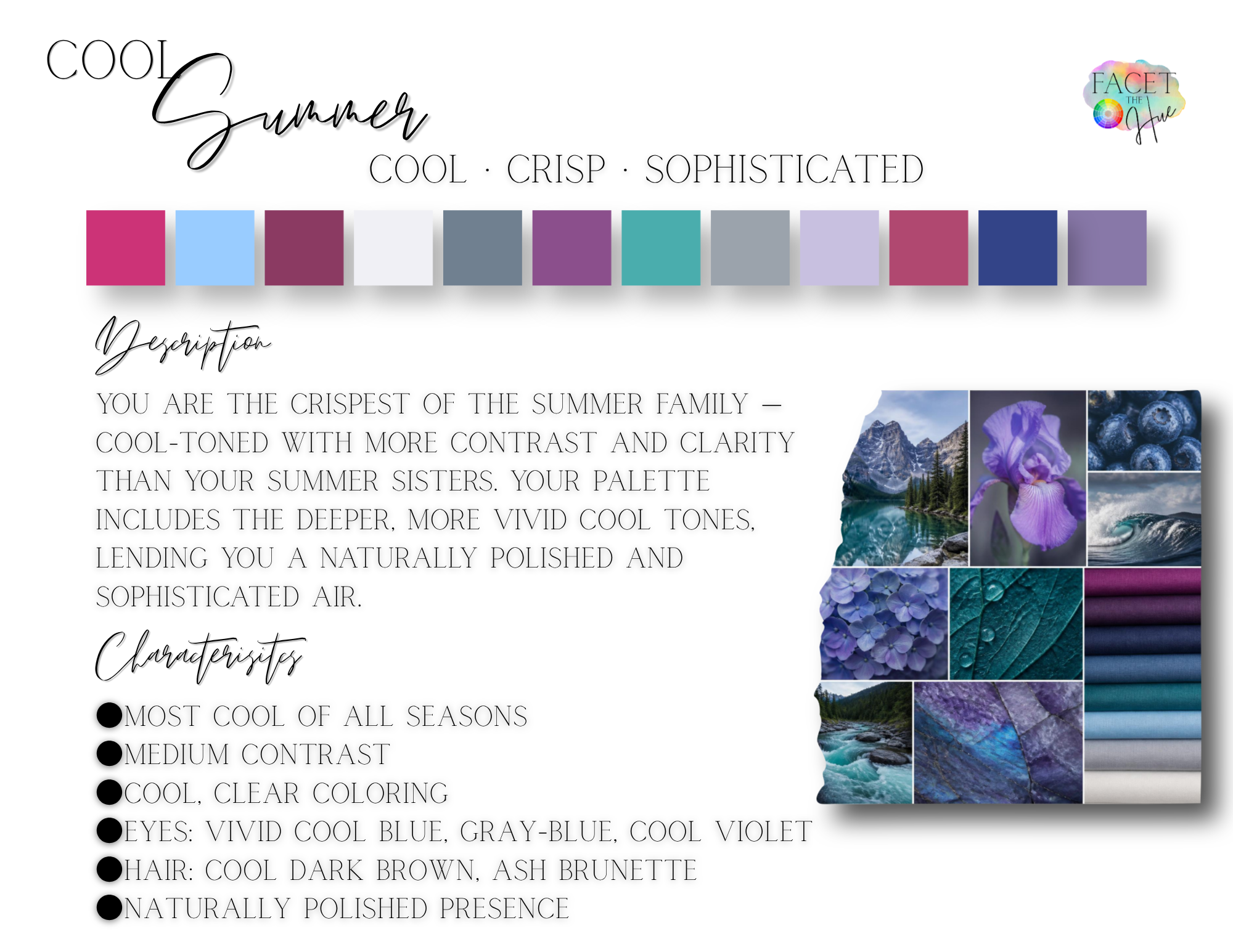 A color palette with various cool and muted tones including shades of pink, blue, purple, gray, and green, accompanied by text describing summer colors and characteristics, and small photos of natural landscapes and flowers.