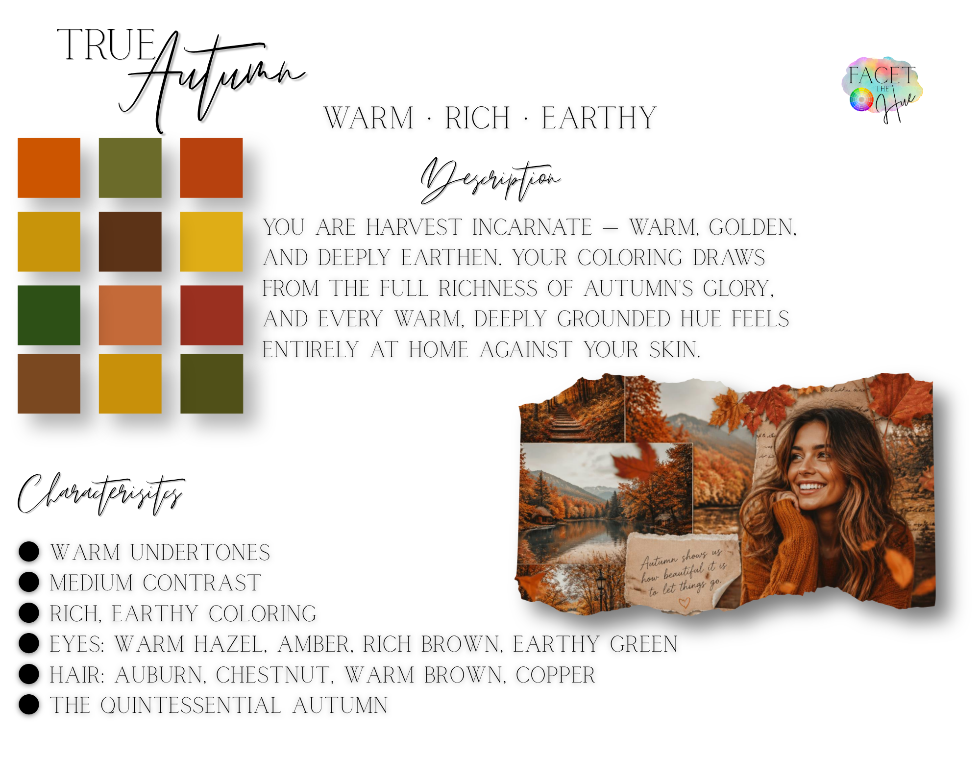 Design document with fall color palette, text describing autumn characteristics, and a photo collage of an autumn landscape and smiling woman with autumn leaves. Includes color swatches and keywords about warm, earthy tones.