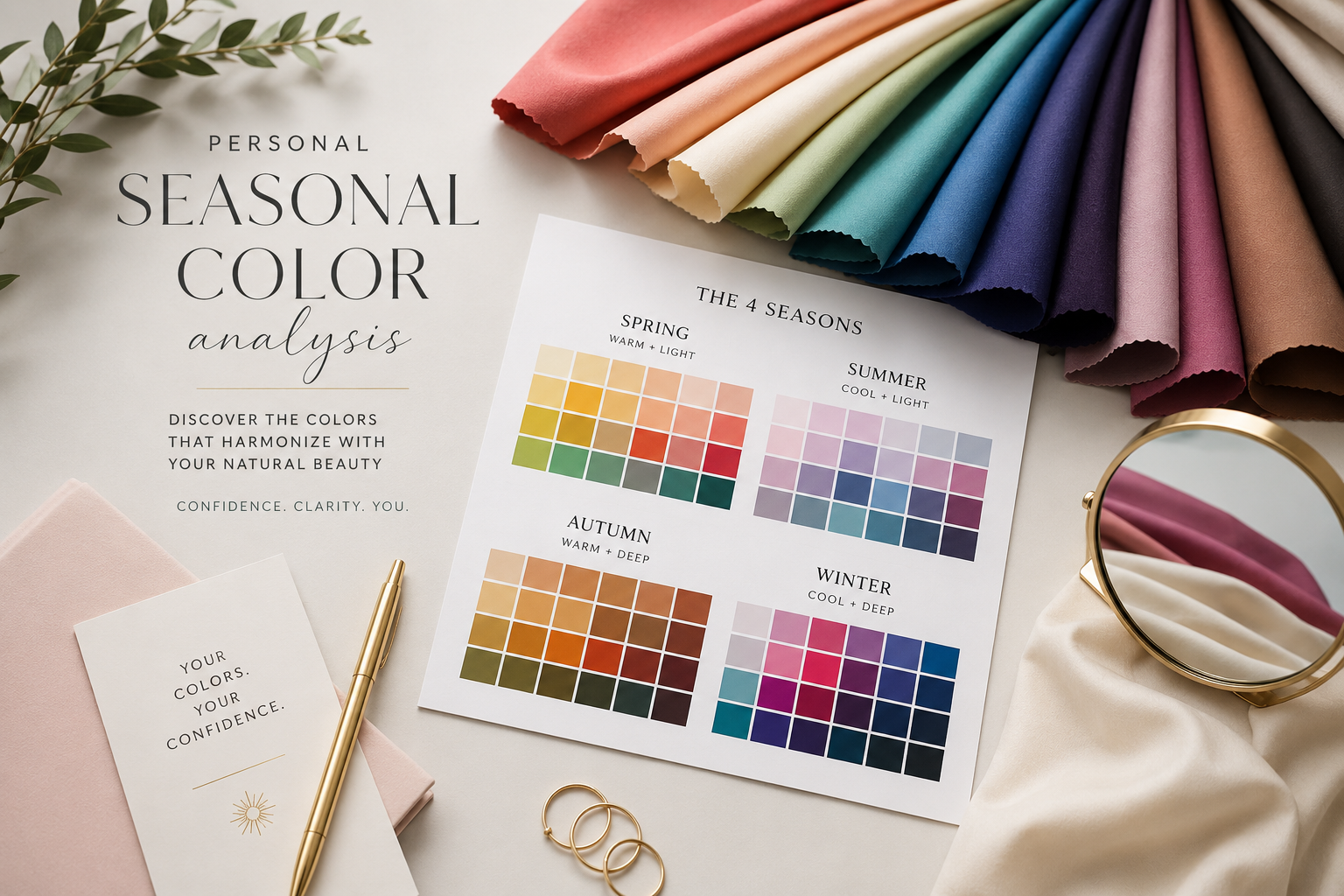 Flat lay of a color palette and seasonal color analysis chart, featuring fabric swatches in various colors, a gold pen, gold hoop earrings, a mirror with a gold frame, and stationery with a motivational quote, all arranged on a white surface.