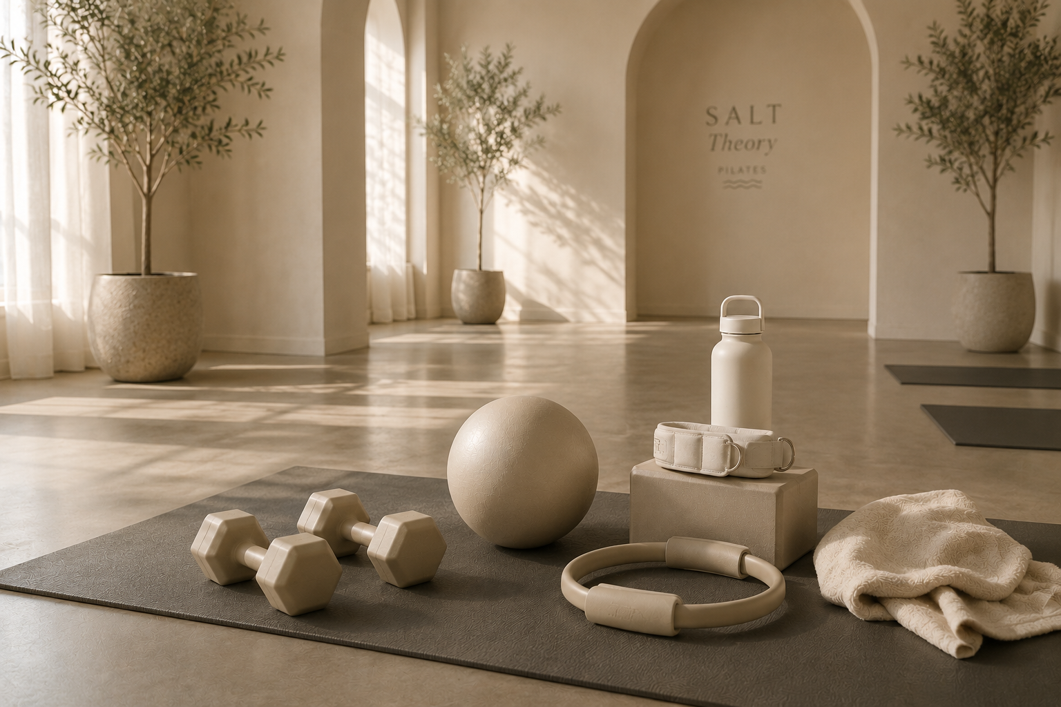 Fitness studio with workout equipment including dumbbells, a exercise ball, a water bottle, a headband, a towel, a yoga rope, and yoga mats, with natural light and potted plants in the background.