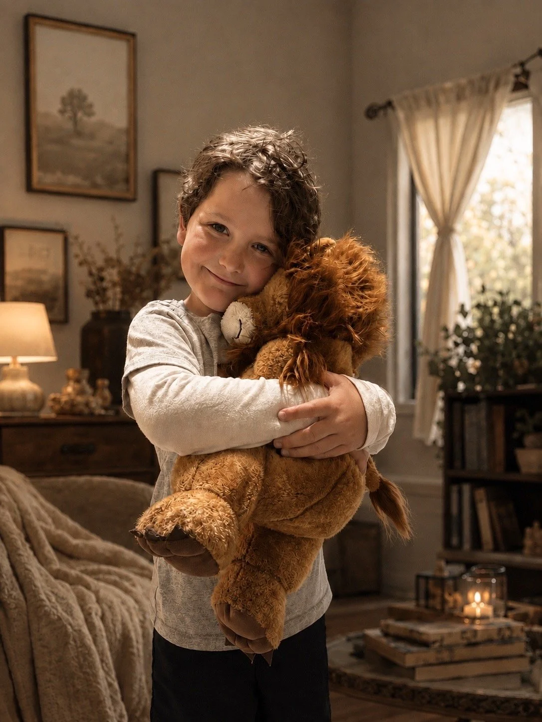 A young boy with curly hair hugging a plush lion toy in a cozy living room with warm lighting, framed artwork, a lamp, and plants in the background.
