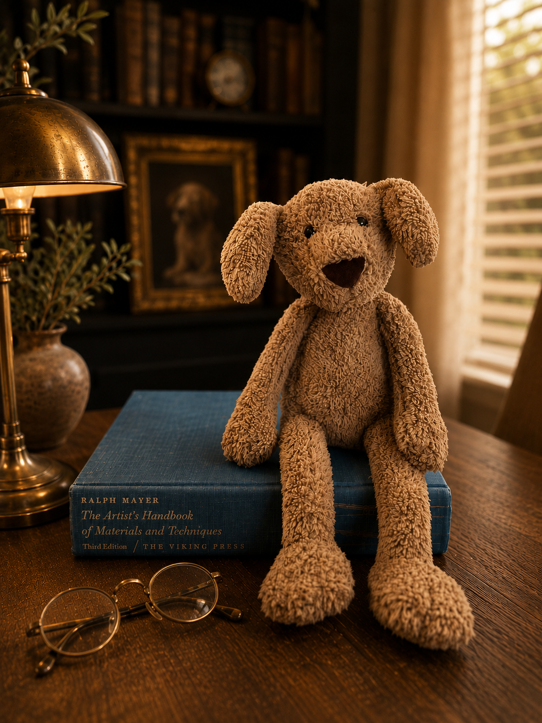 A plush teddy bear with textured fur, sitting on a blue book titled 'The Artist's Handbook of Materials and Techniques' by Ralph Mayer, on a wooden table with eyeglasses nearby, in a warmly lit room with a window and framed artwork in the background.