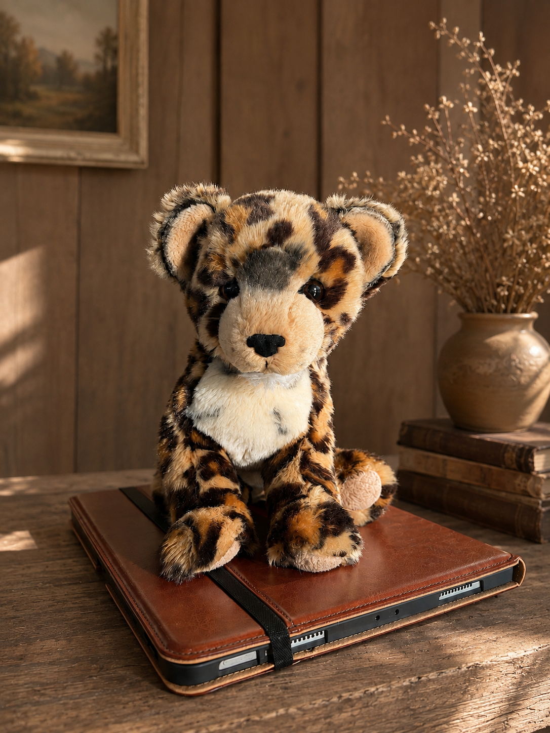 Stuffed toy tiger sitting on a closed laptop on a wooden desk in a cozy room.
