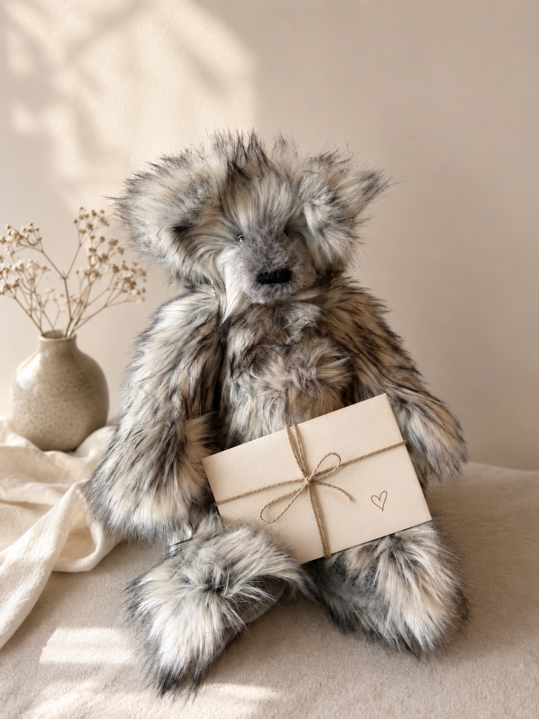 A fluffy stuffed animal bear resembling a raccoon holding a beige gift box tied with a string, sitting on a soft beige surface with a vase of dried flowers in the background.