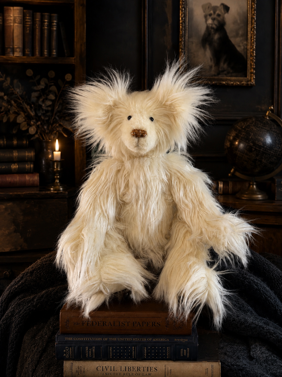 A plush teddy bear with long cream-colored fur sits on a stack of law books in a vintage, dimly lit room. Behind it, a framed portrait of a dog hangs on the wall. To the left, there is a lit candle in a holder and a small vase with dried foliage. On the right, a globe is visible.