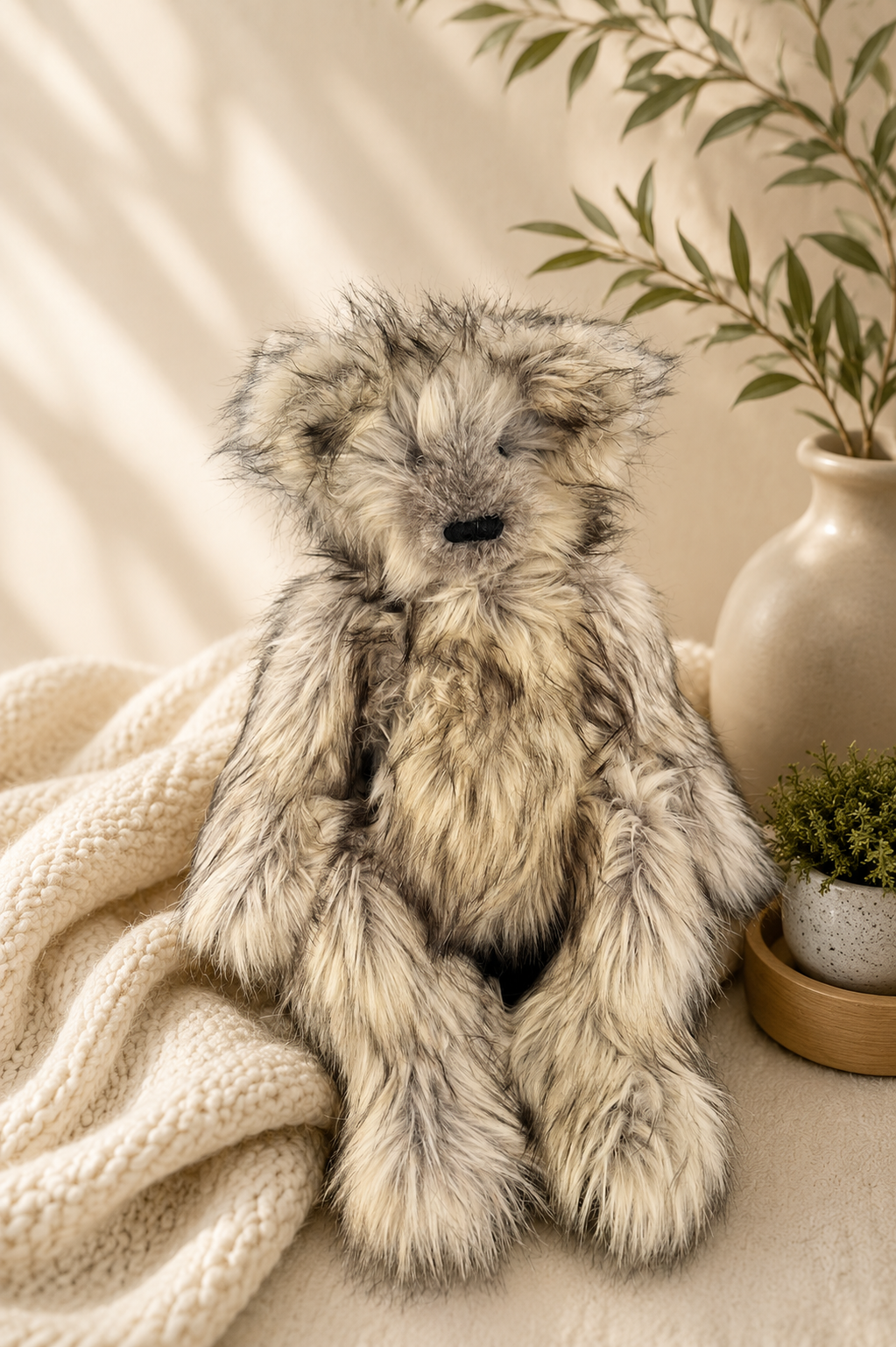A plush teddy bear with furry, textured fur sitting on a cream-colored blanket with a beige background, next to a potted plant and a vase.